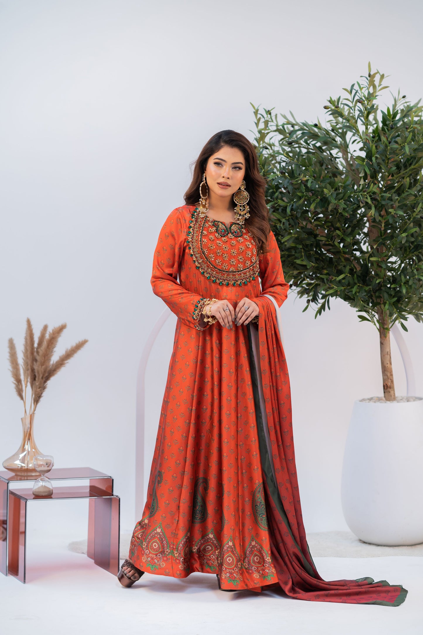 Sunset Ember Traditional Ensemble Anarkali with Dupatta Set