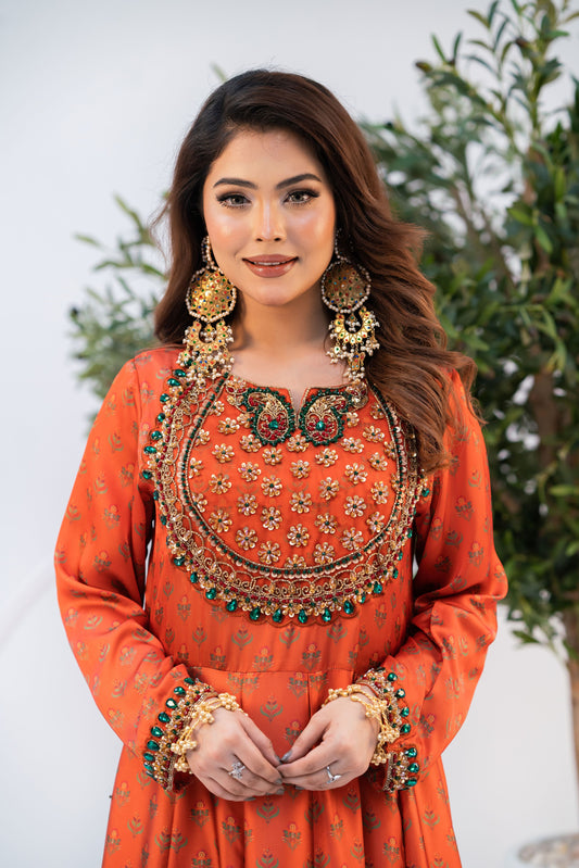 Sunset Ember Traditional Ensemble Anarkali with Dupatta Set