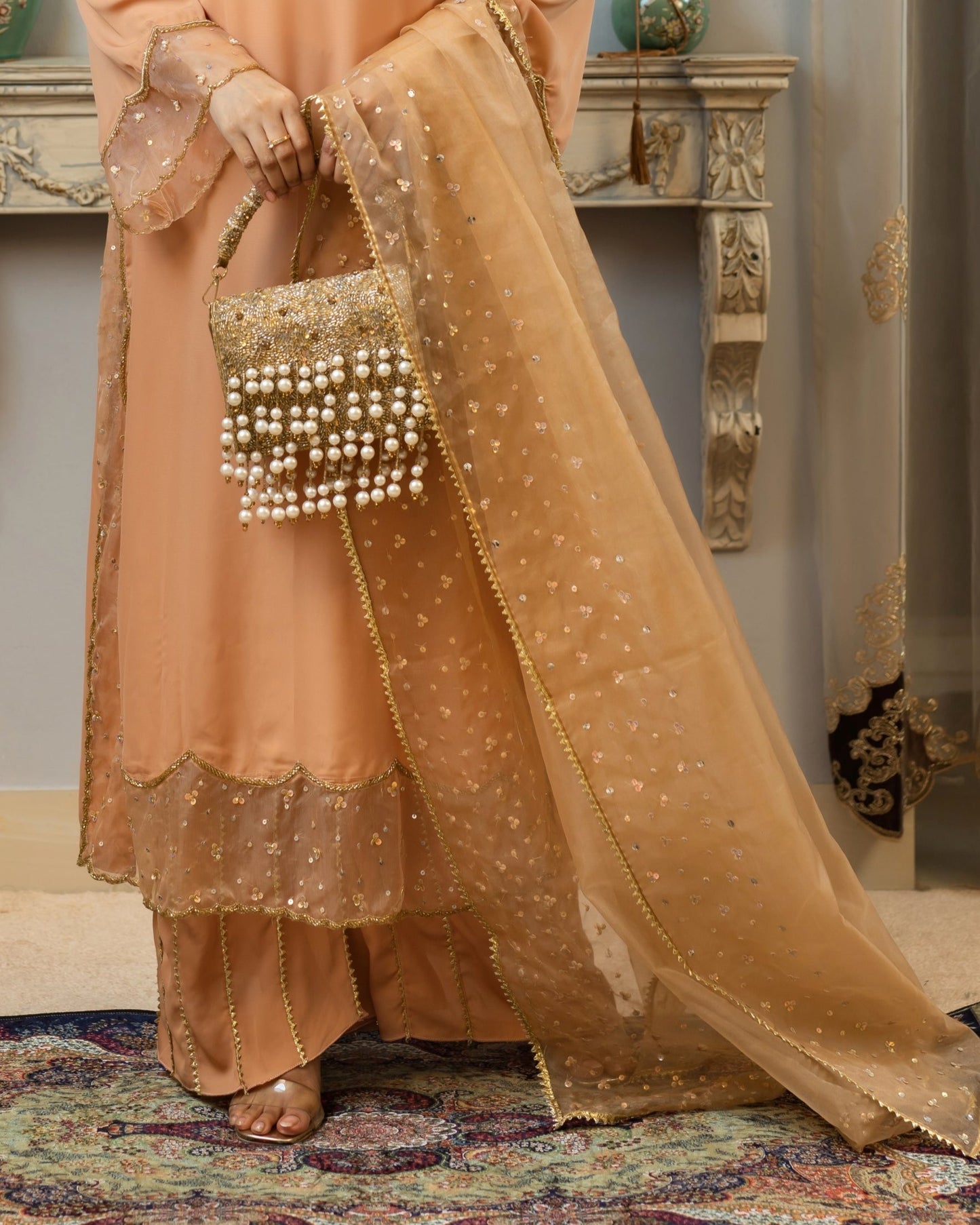 Golden-Embellished Sheer Caramel Dupatta