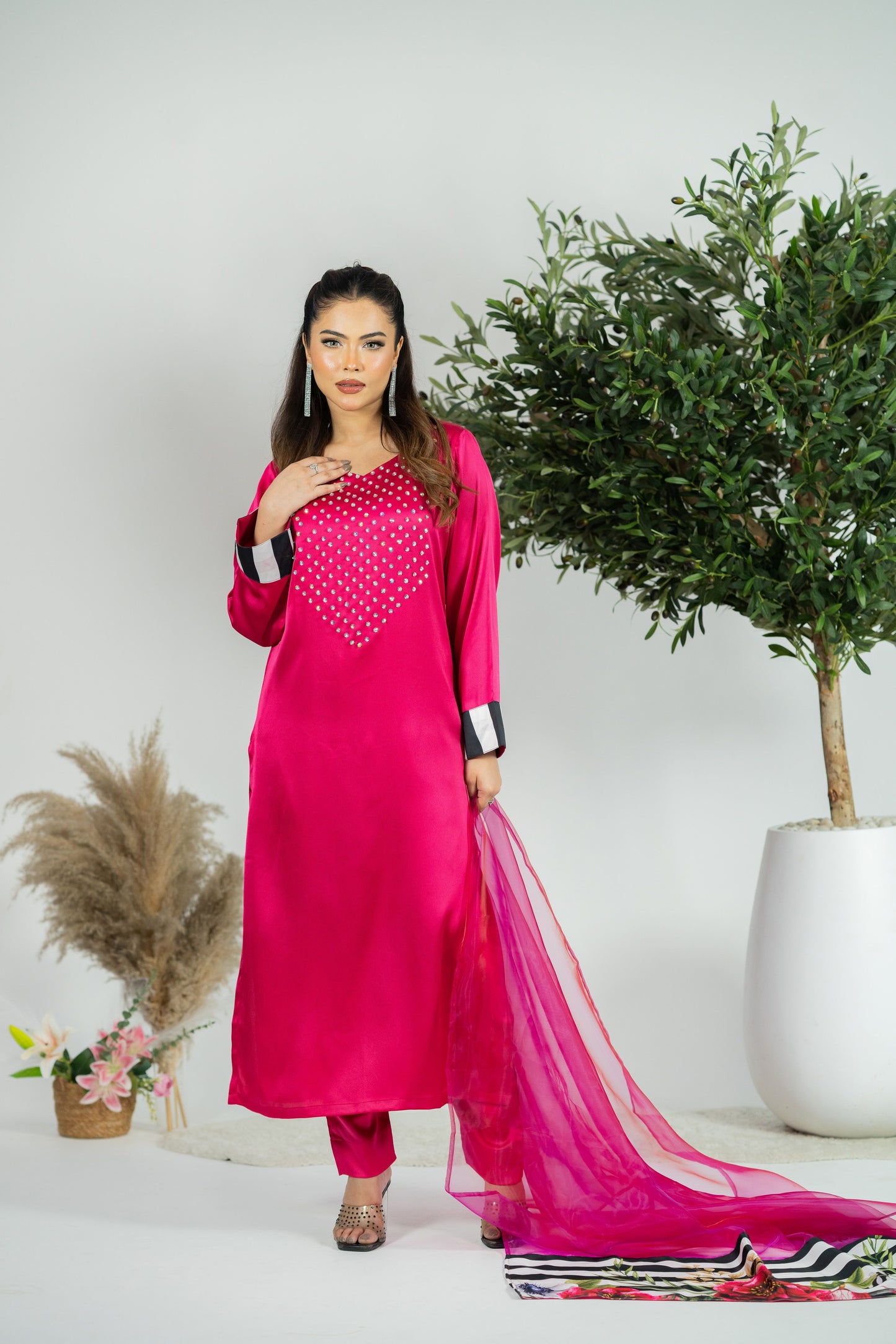 Fuchsia Luxe Satin Kurta Set with Printed Organza Dupatta
