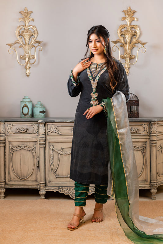 Velvet Embellished Kameez and Green Pant Set
