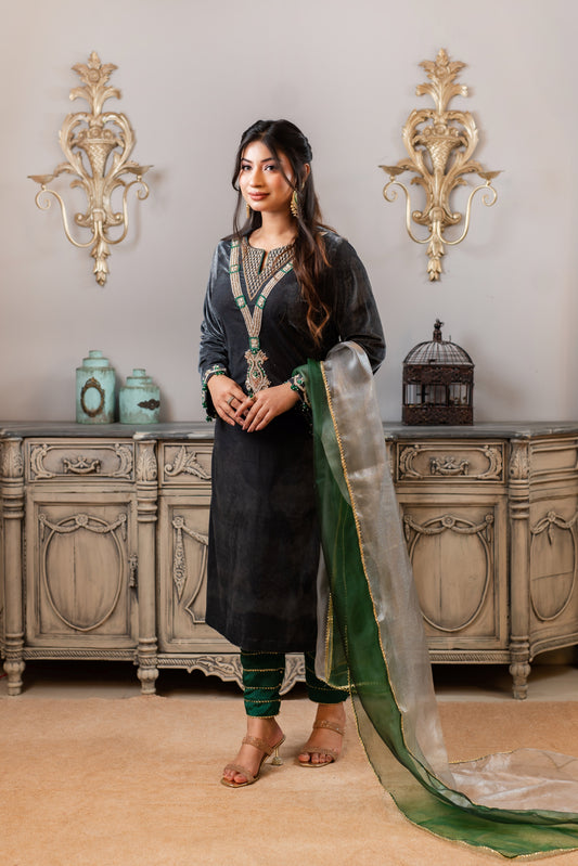 Velvet Embellished Kameez and Green Pant Set