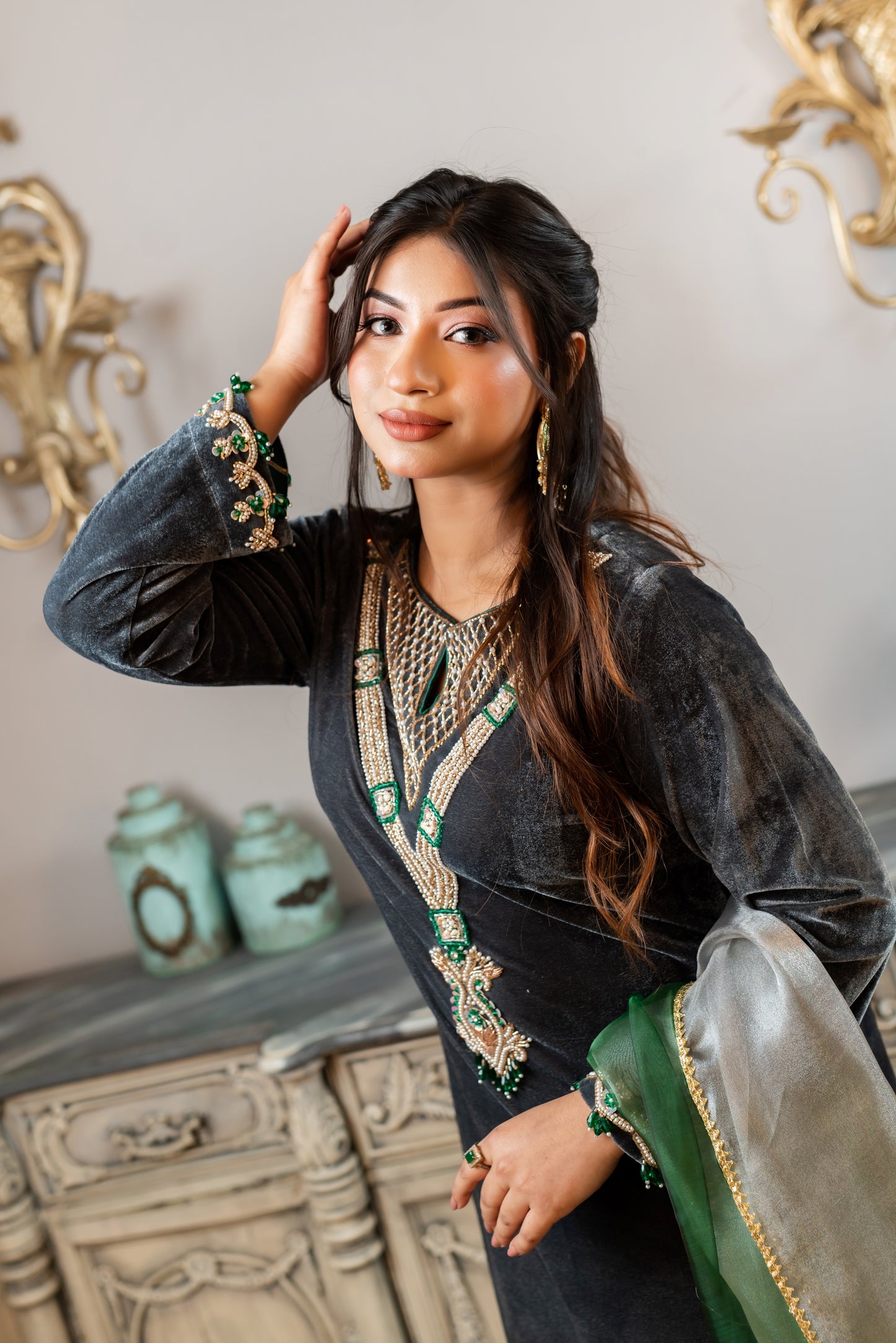 Velvet Embellished Kameez and Green Pant Set
