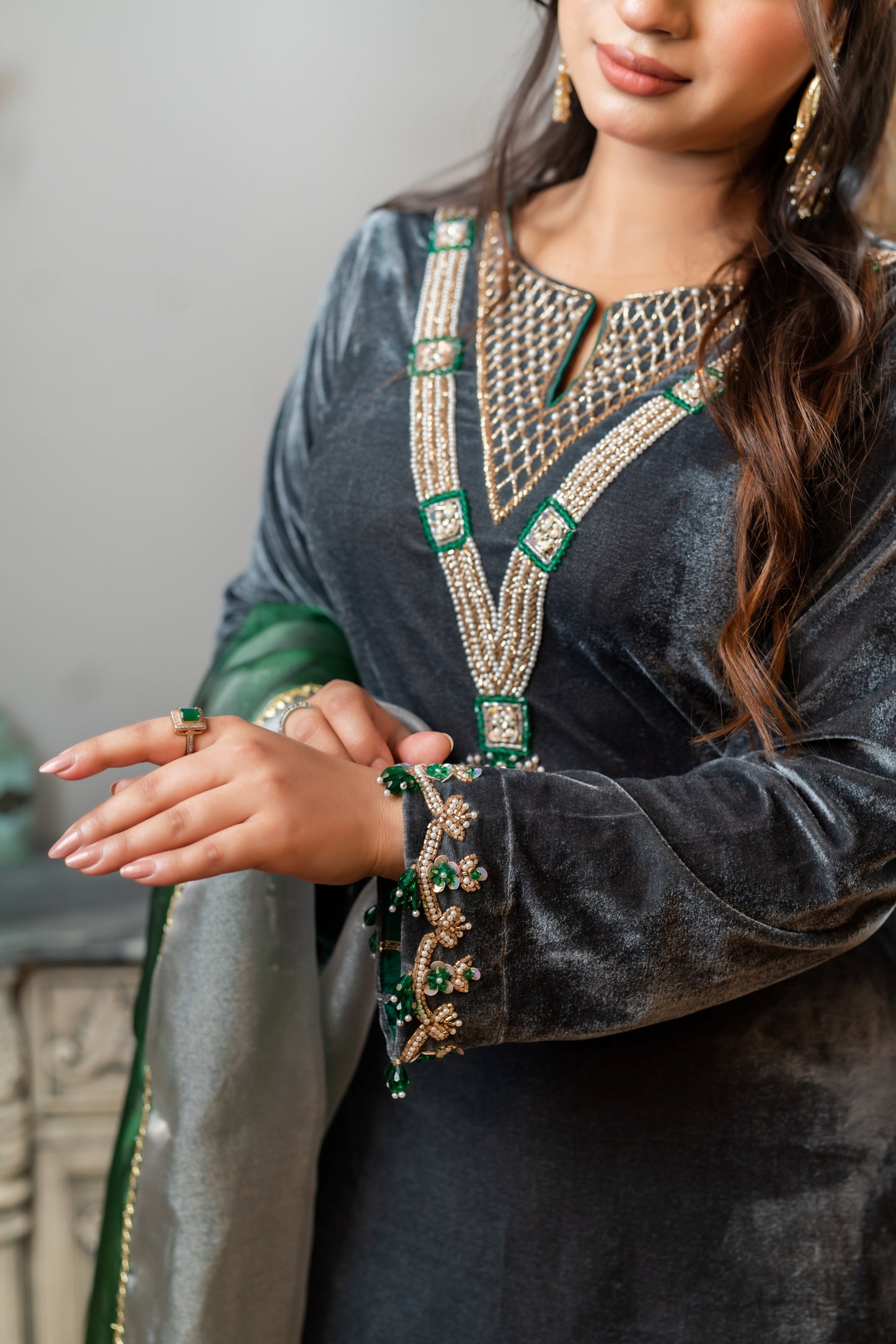 Velvet Embellished Kameez and Green Pant Set