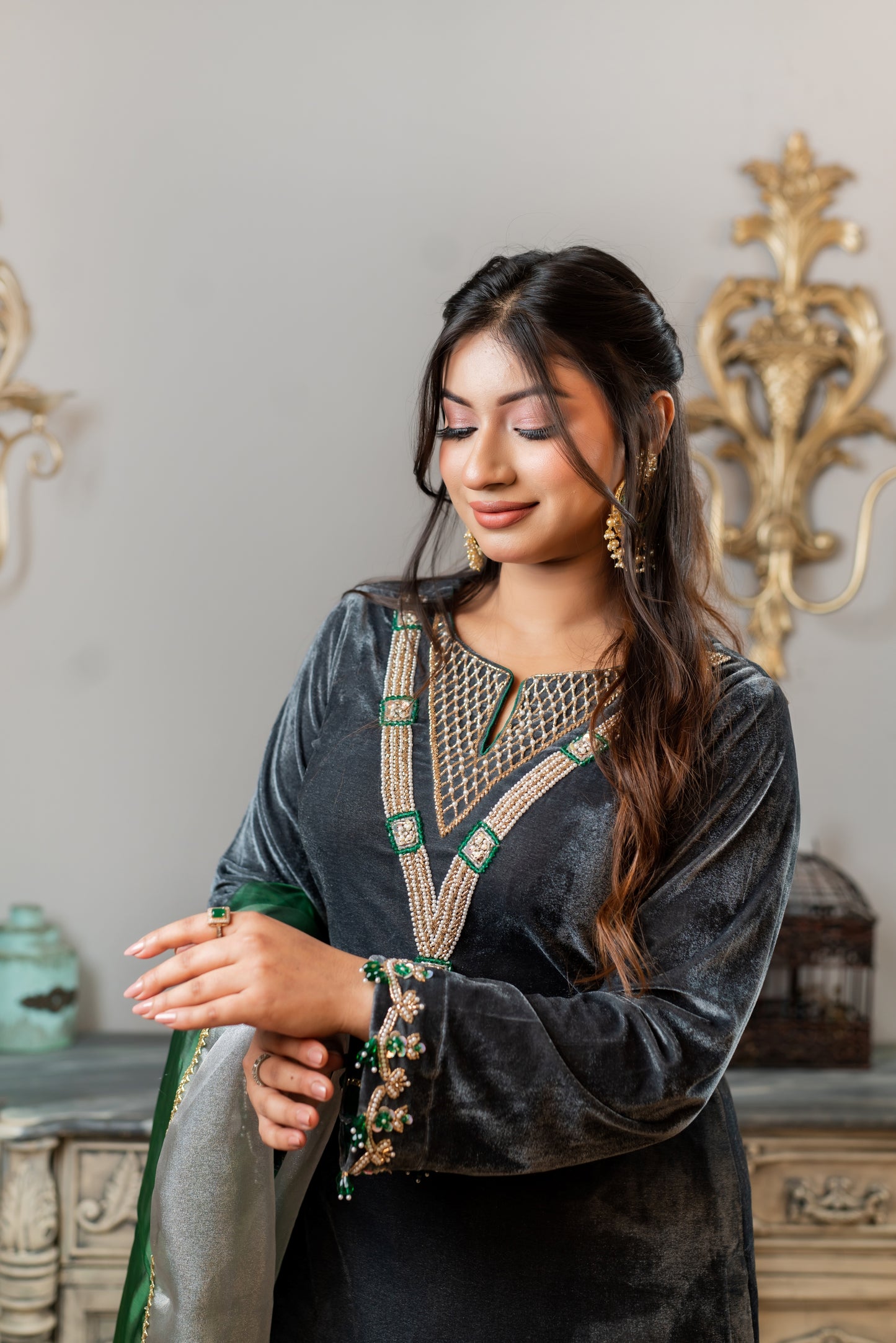 Velvet Embellished Kameez and Green Pant Set