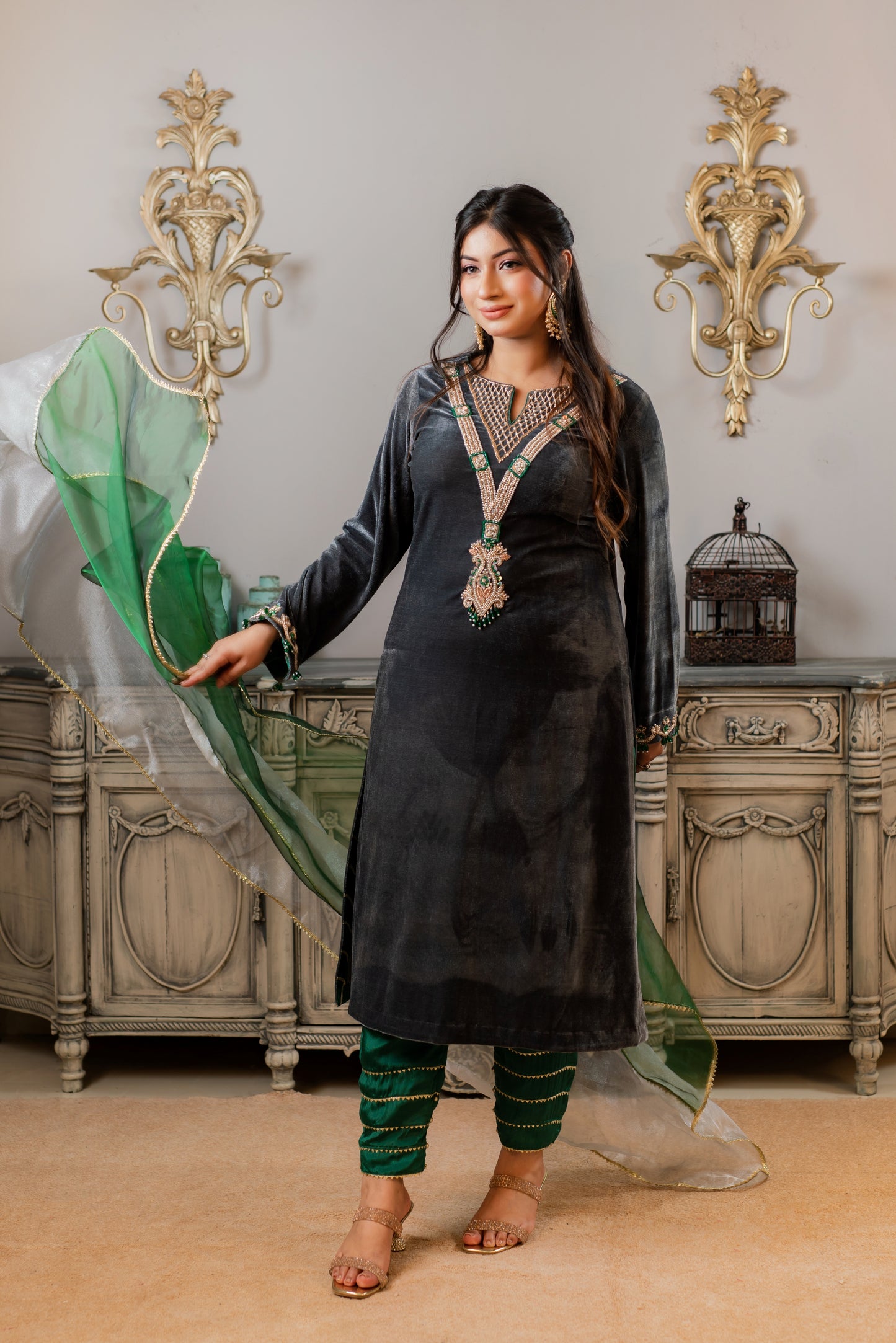 Velvet Embellished Kameez and Green Pant Set