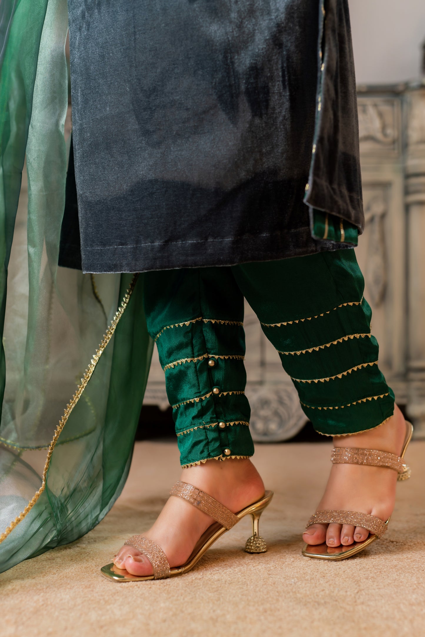 Velvet Embellished Kameez and Green Pant Set