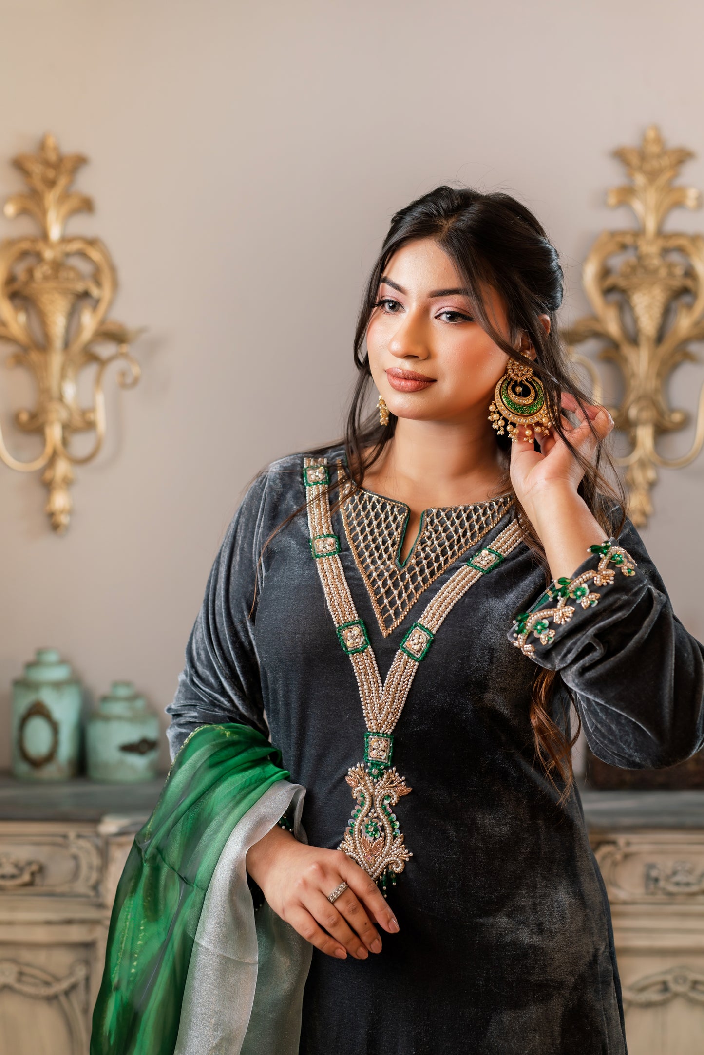 Velvet Embellished Kameez and Green Pant Set