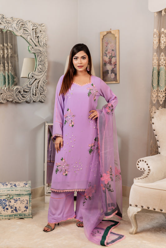 Lavender Elegance Embroidered Kurti Set