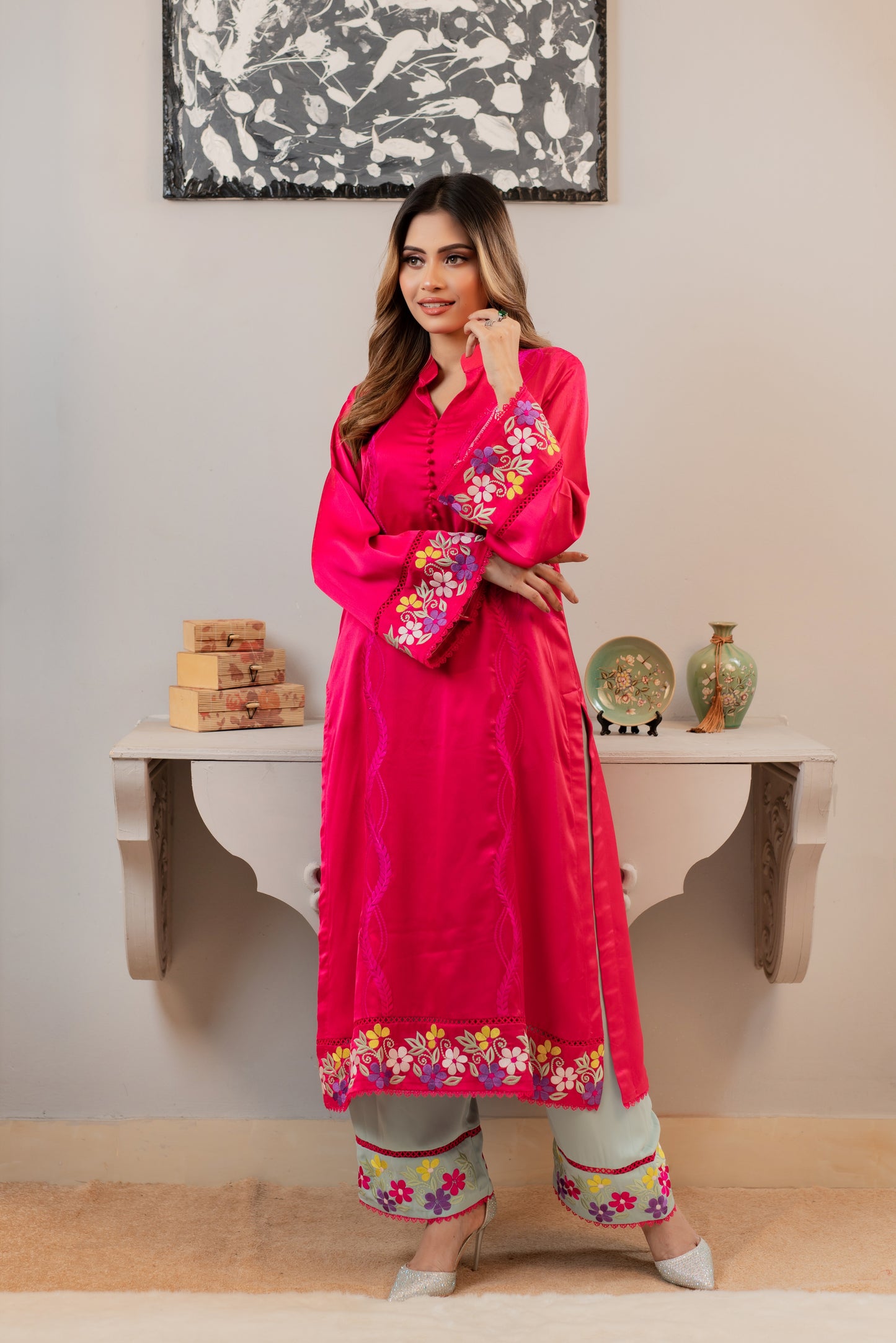 Vibrant Elegance Floral Embroidered Kurti Set