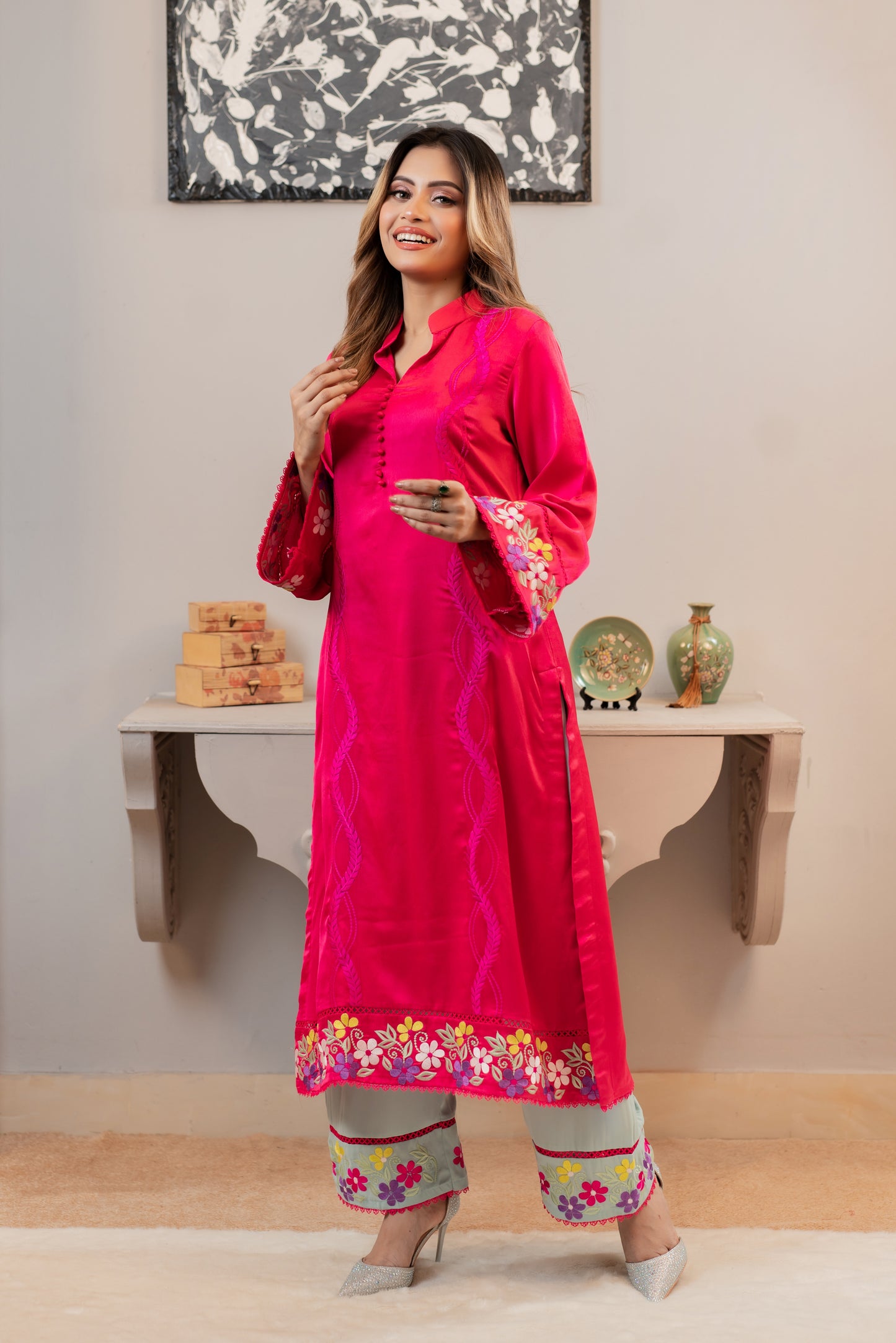 Vibrant Elegance Floral Embroidered Kurti Set