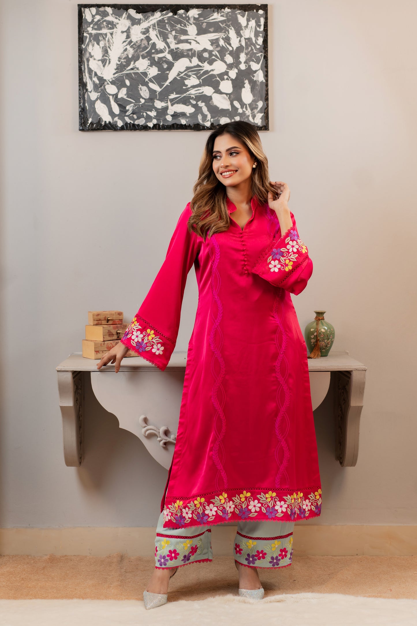 Vibrant Elegance Floral Embroidered Kurti Set