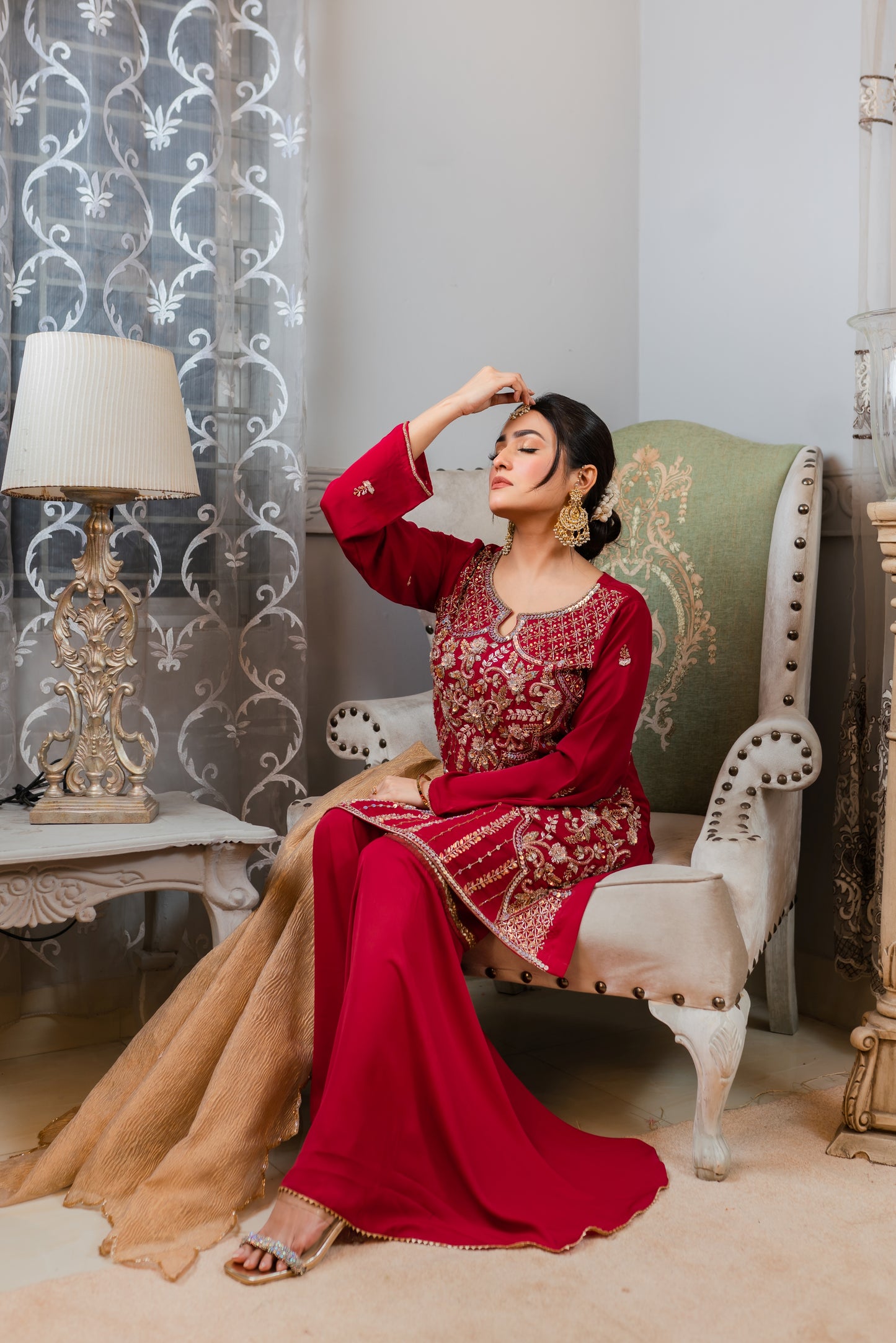 Crimson Peplum Set with Golden Dupatta