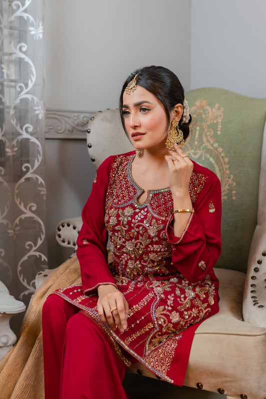 Crimson Peplum Set with Golden Dupatta