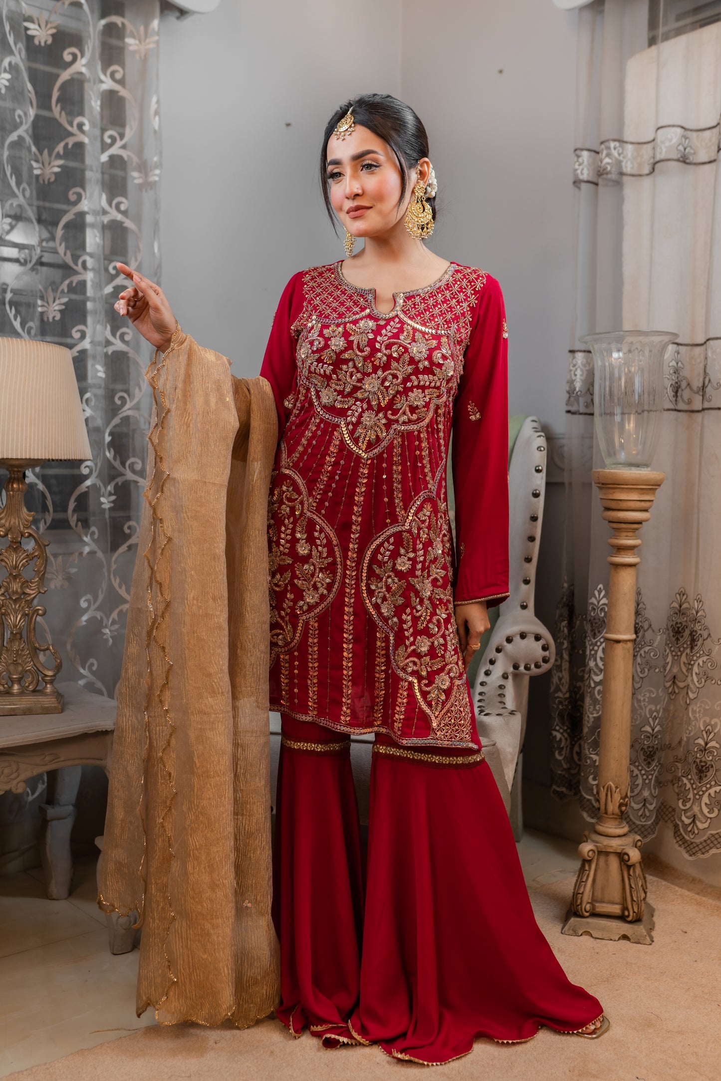 Crimson Peplum Set with Golden Dupatta