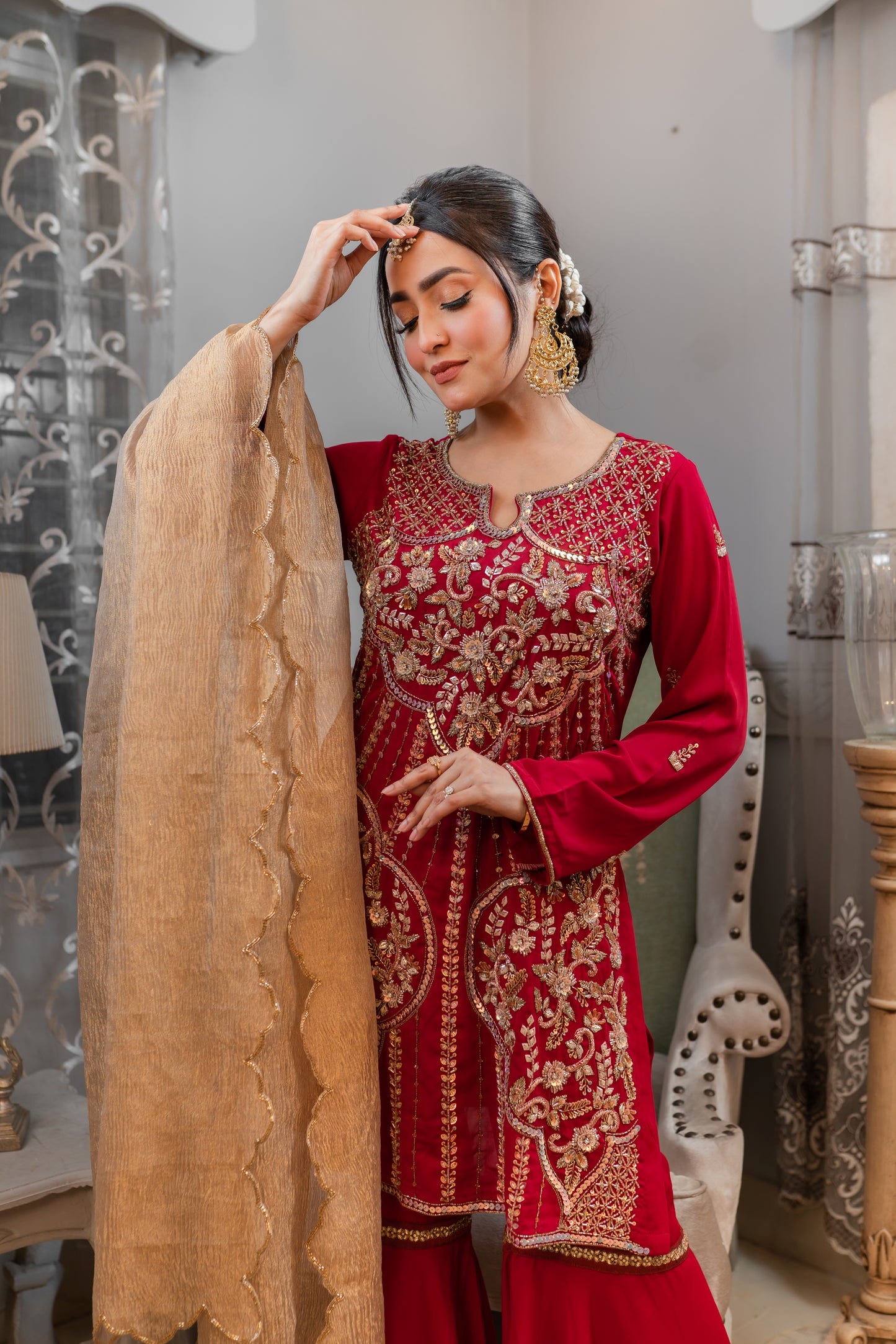 Crimson Peplum Set with Golden Dupatta