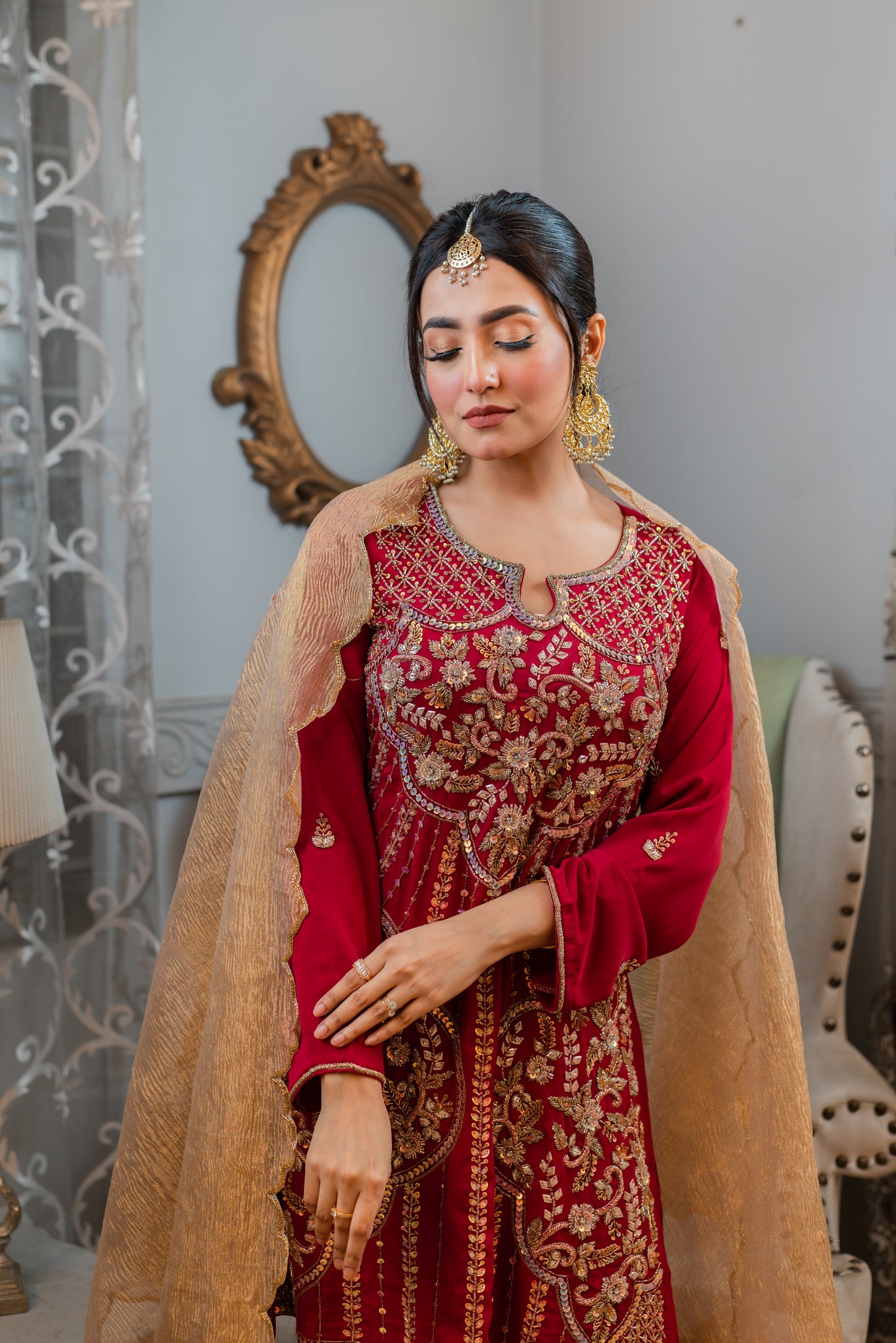Crimson Peplum Set with Golden Dupatta