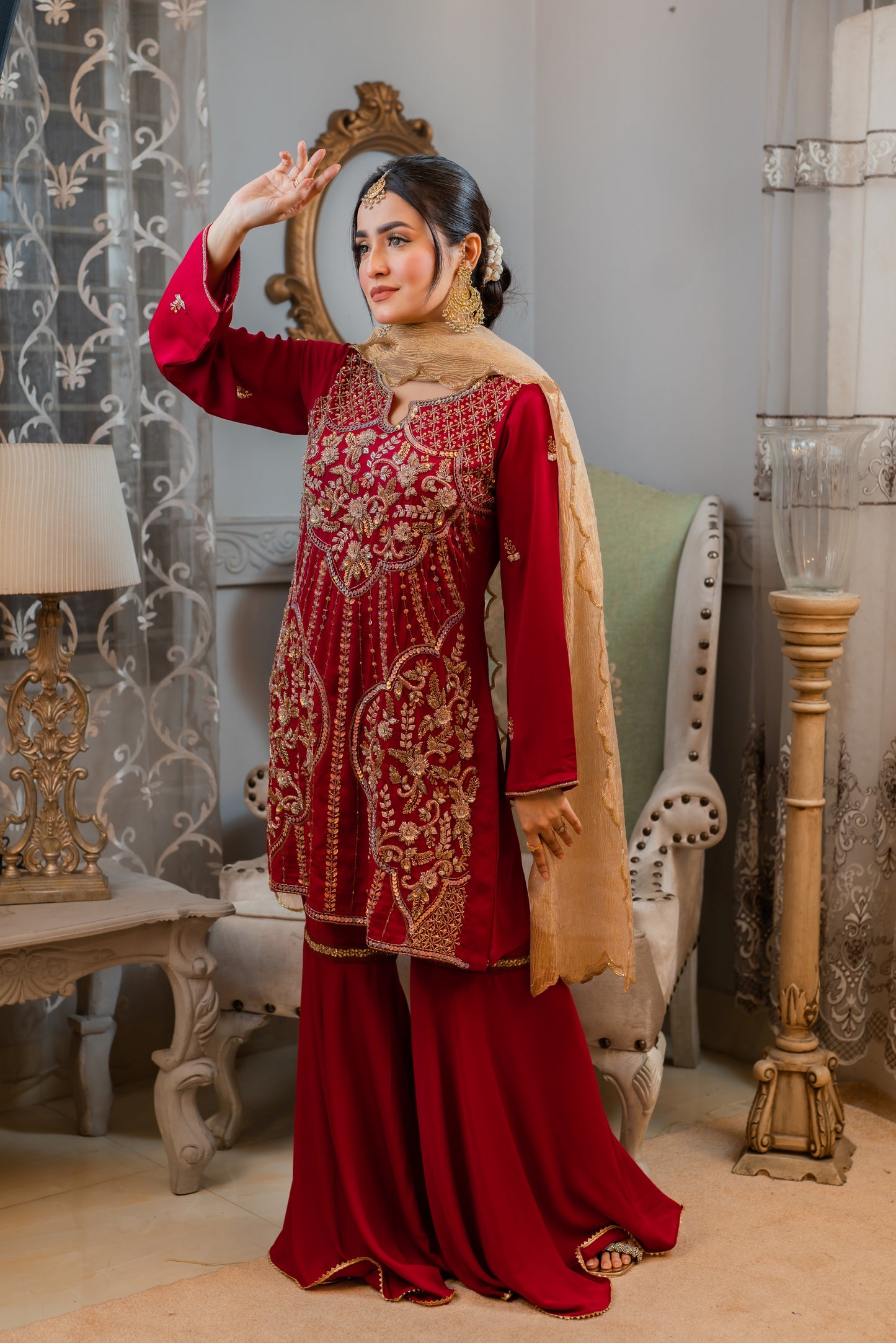 Crimson Peplum Set with Golden Dupatta