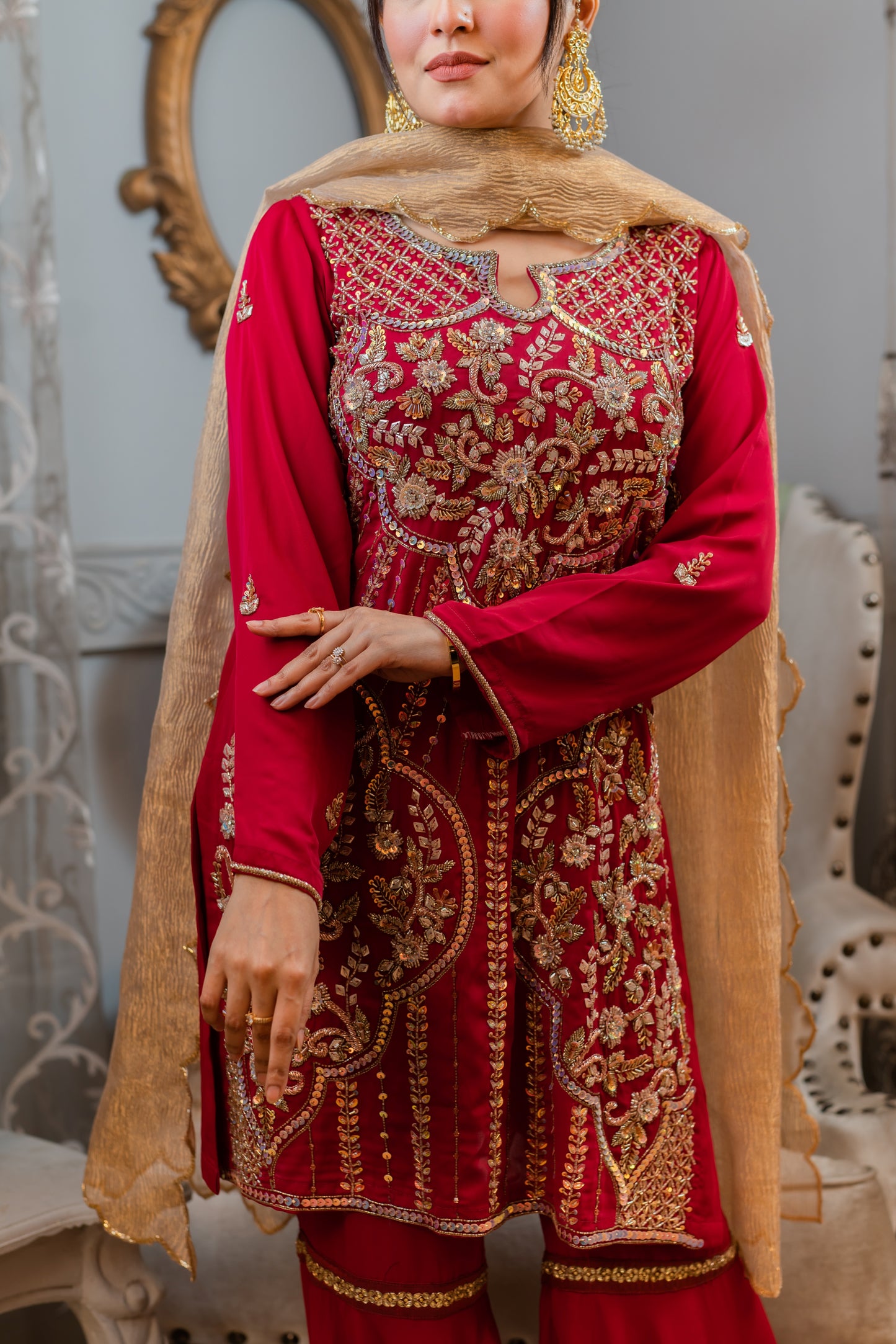 Crimson Peplum Set with Golden Dupatta