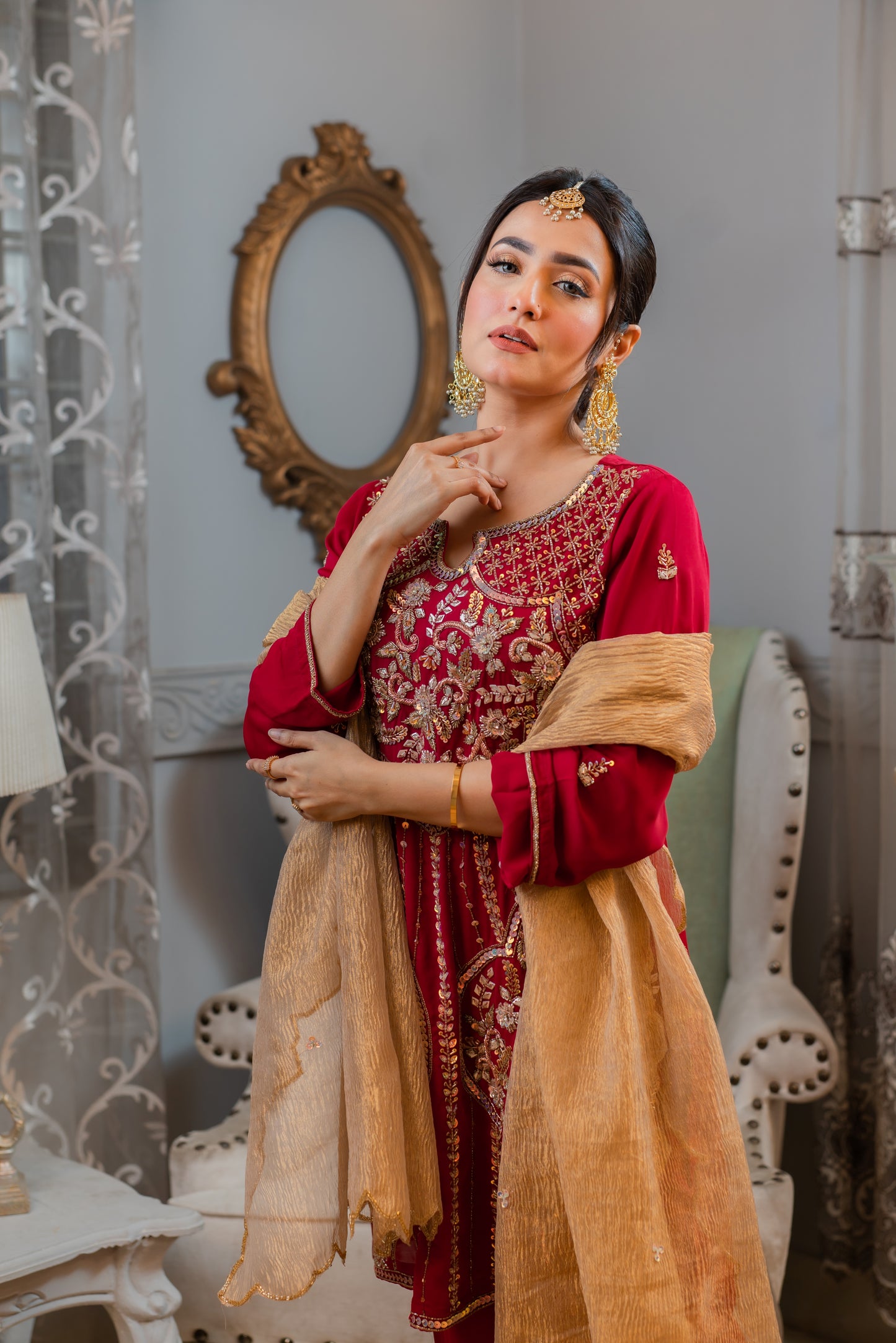 Crimson Peplum Set with Golden Dupatta