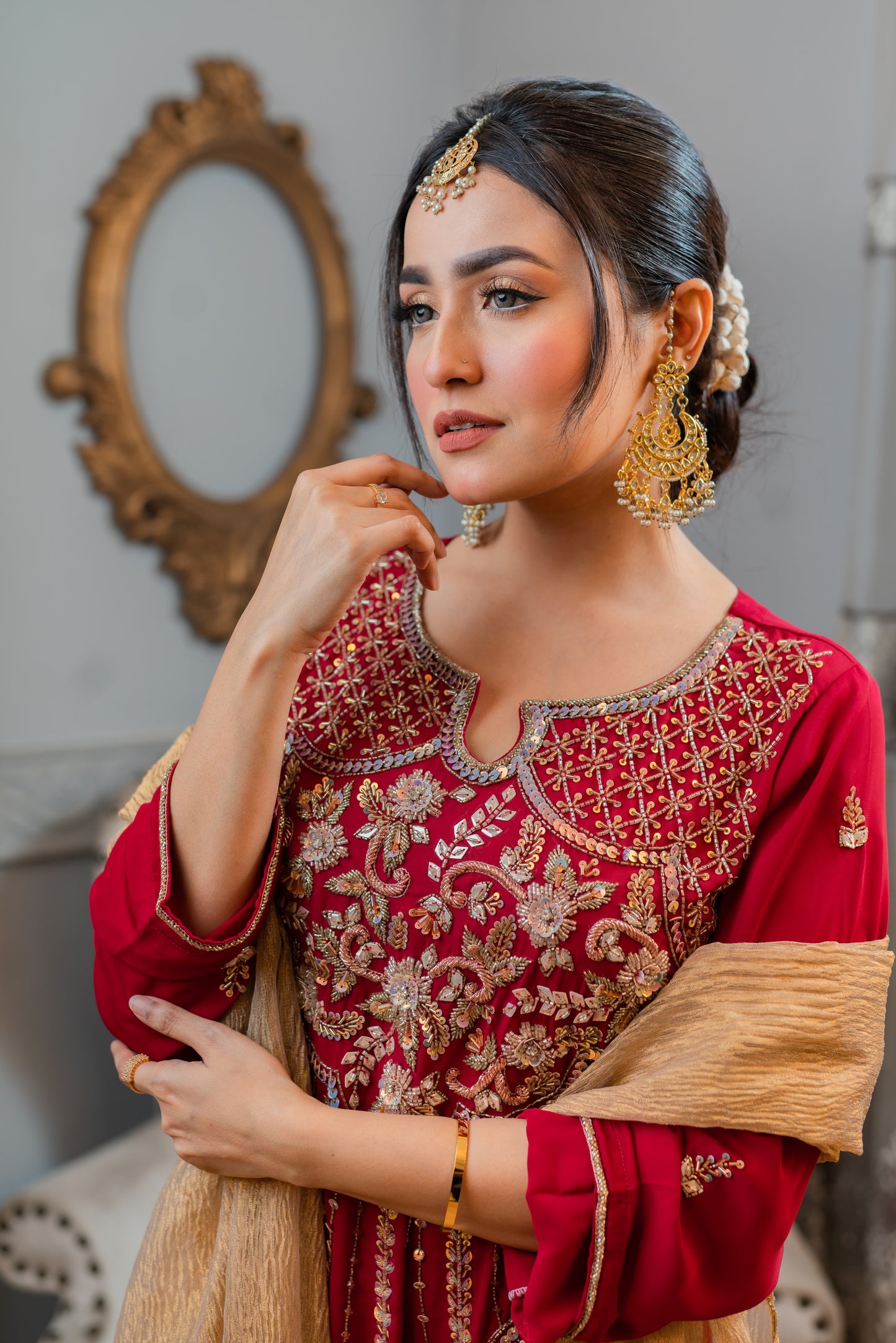 Crimson Peplum Set with Golden Dupatta