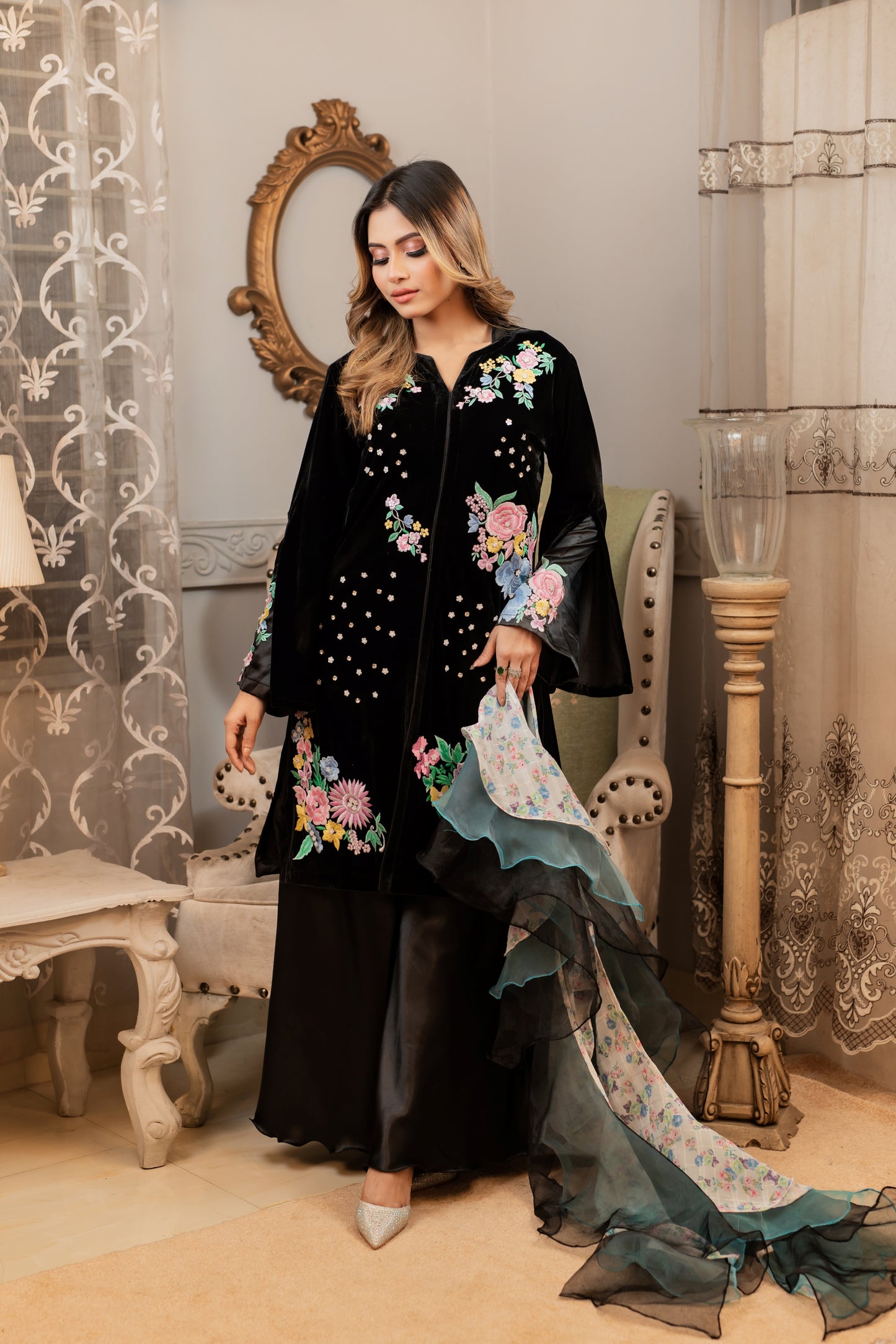 Floral Embroidery On Velvet Kurti