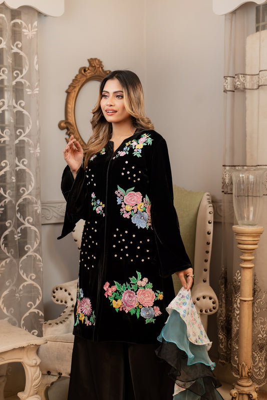 Floral Embroidery On Velvet Kurti