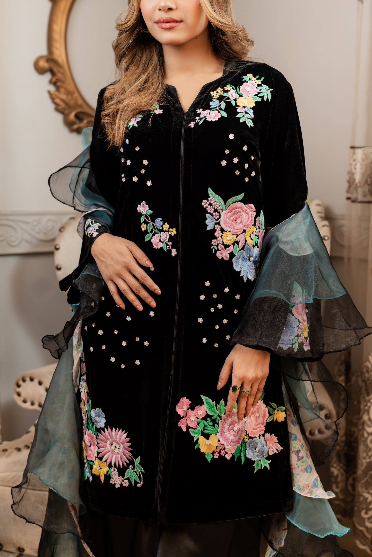 Floral Embroidery On Velvet Kurti