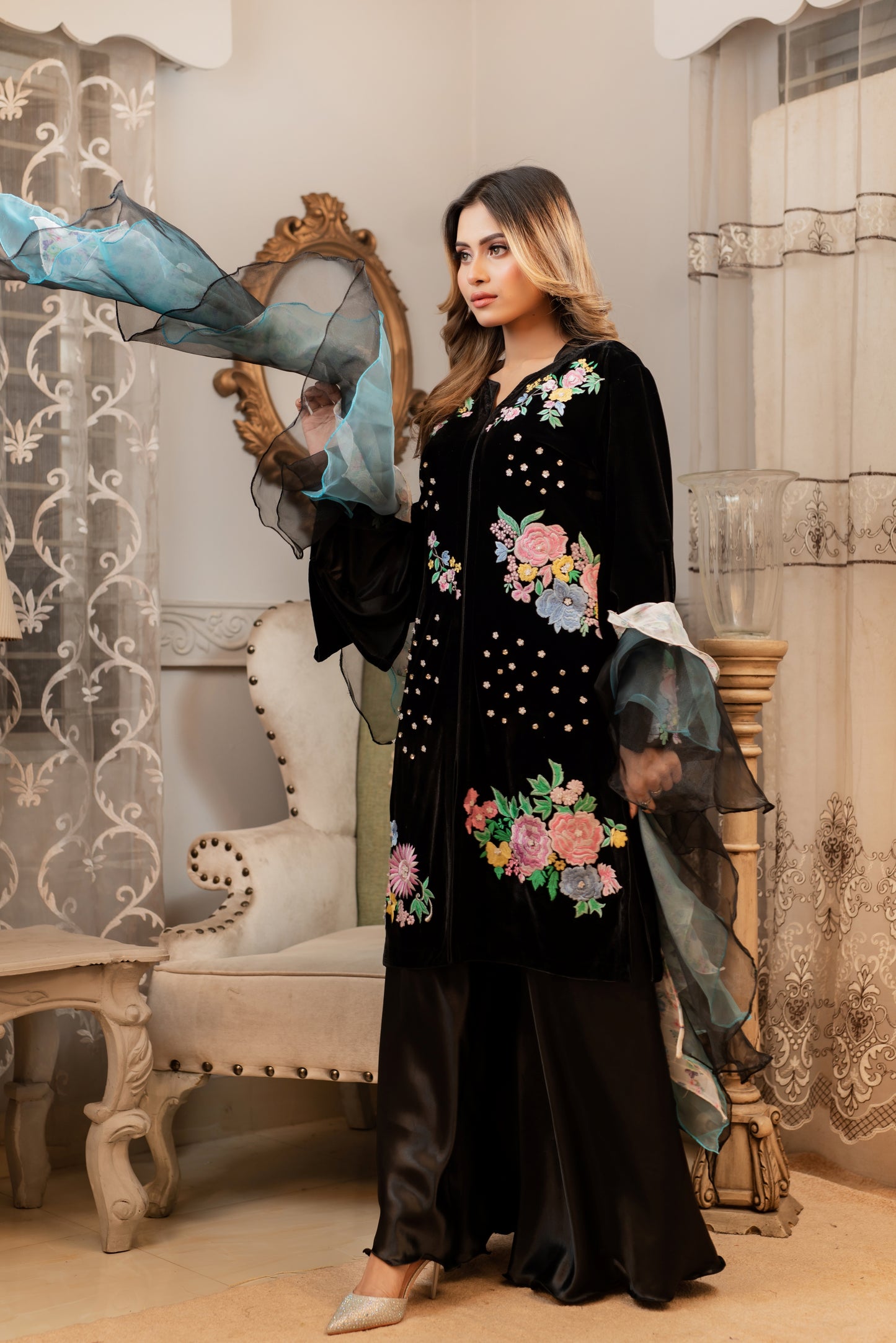 Floral Embroidery On Velvet Kurti
