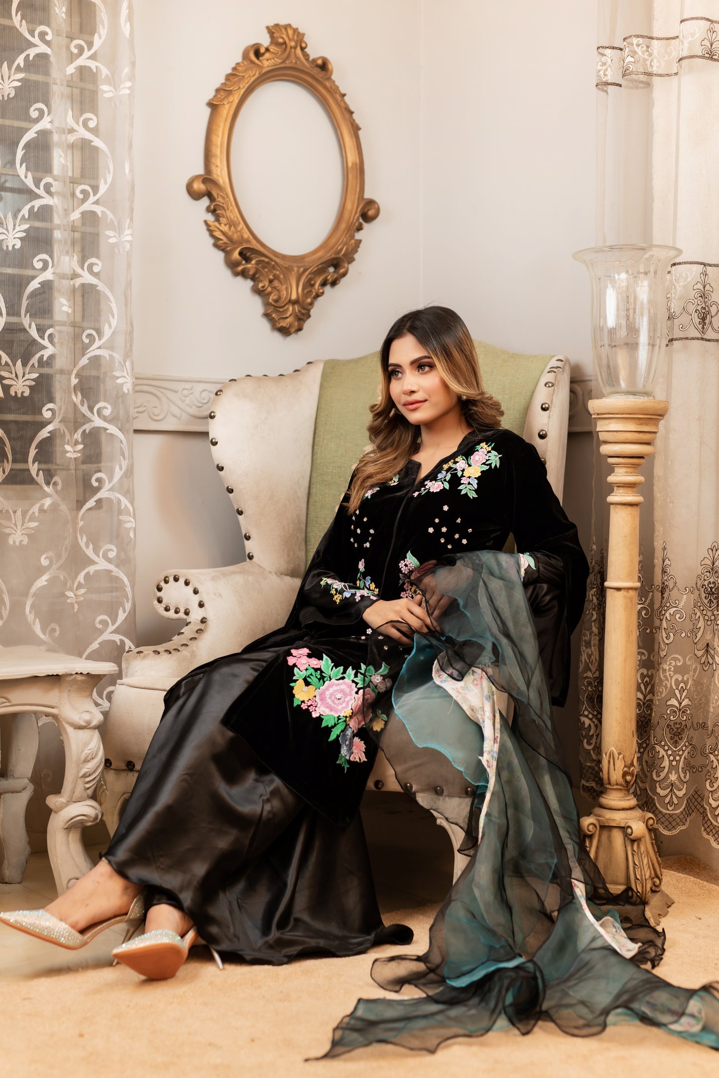 Floral Embroidery On Velvet Kurti