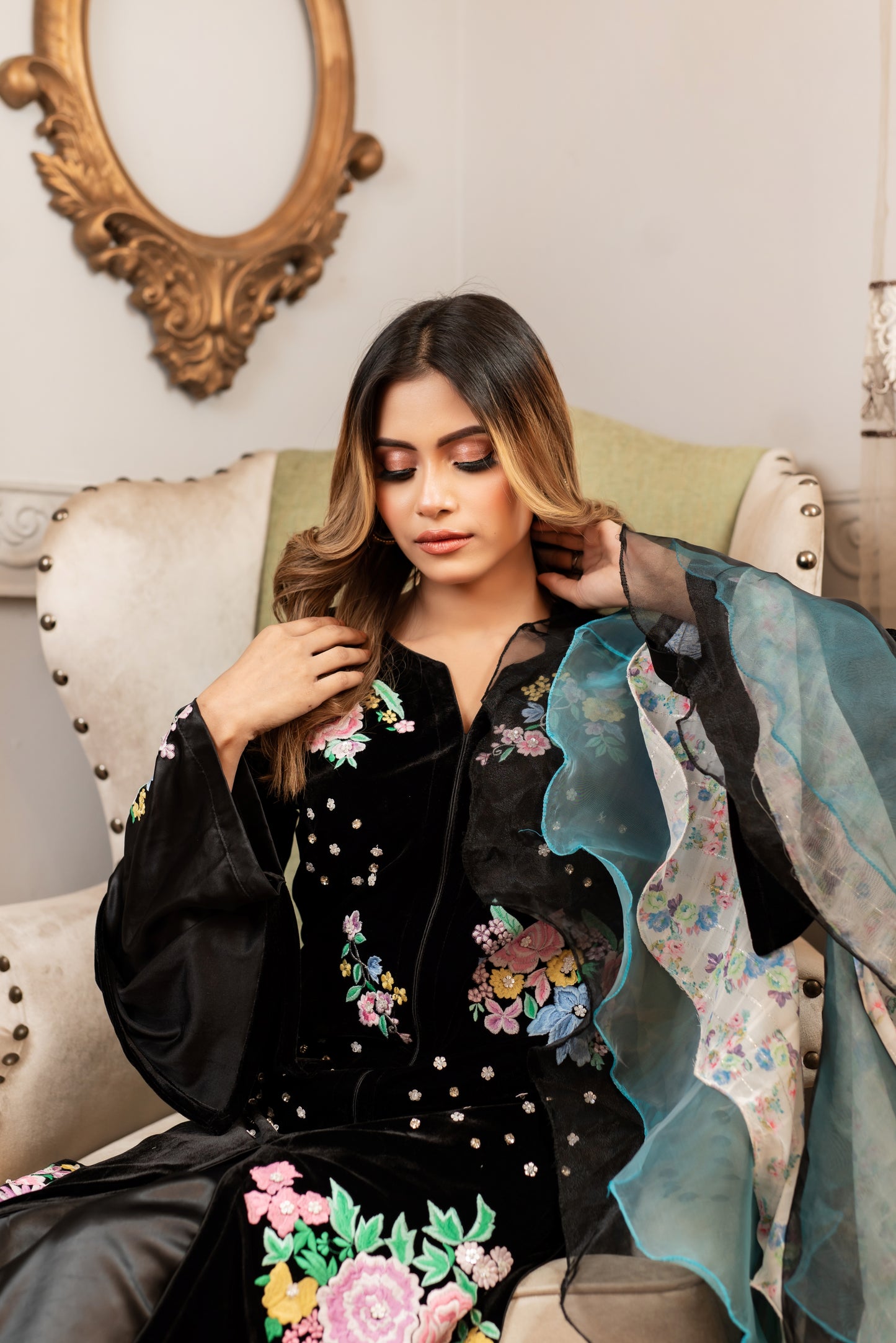 Floral Embroidery On Velvet Kurti