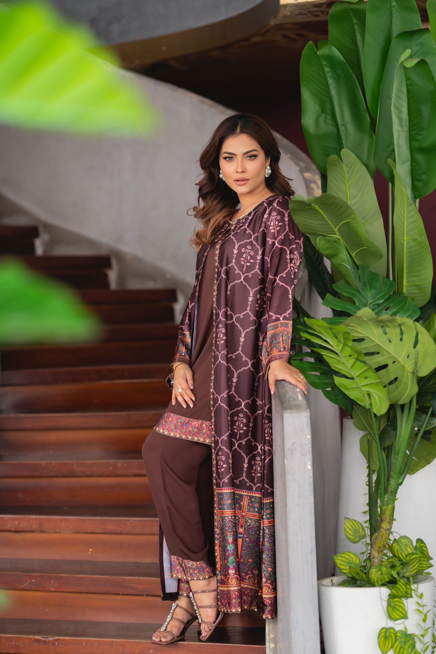 Royal Mocha Printed Shrug Set