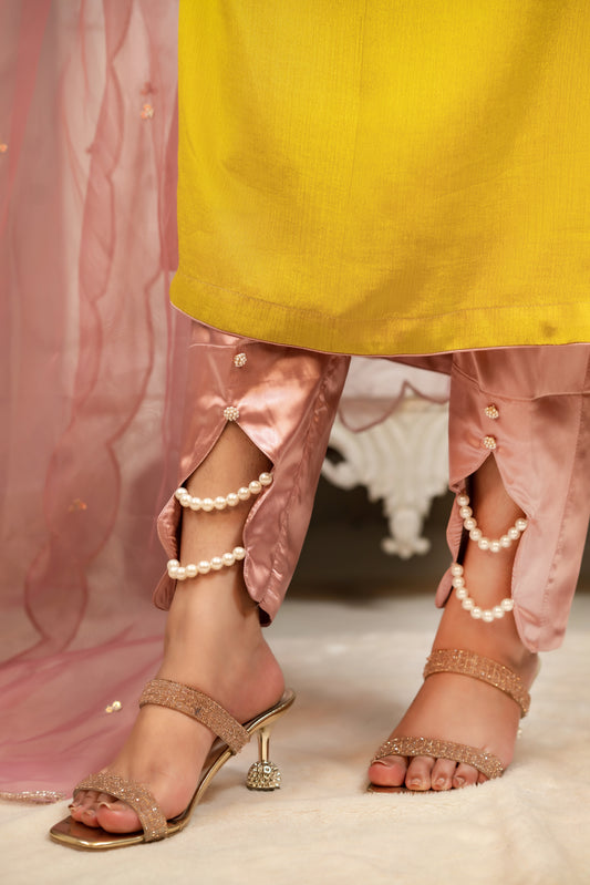 Blush Satin Pearl-Embellished Pants