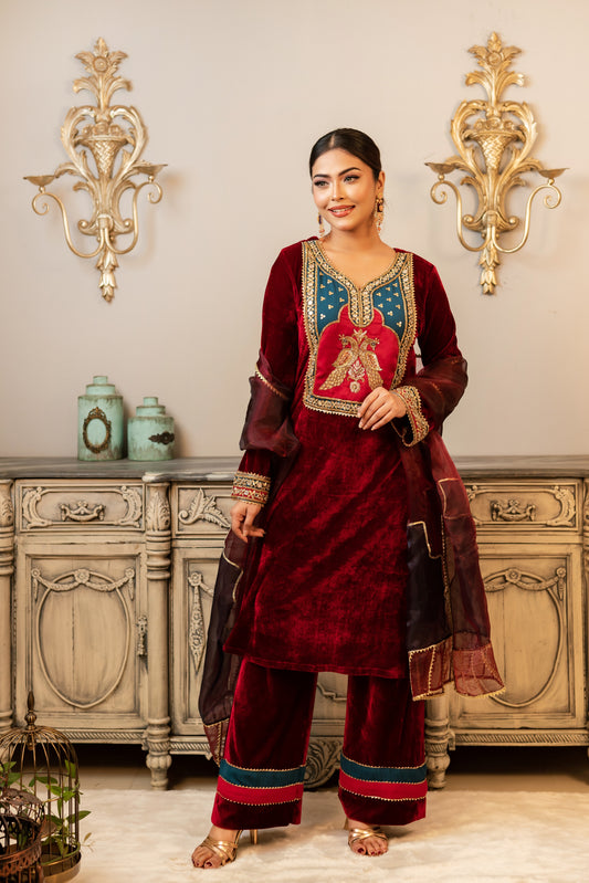 Maroon Velvet Ensemble Kurti Set