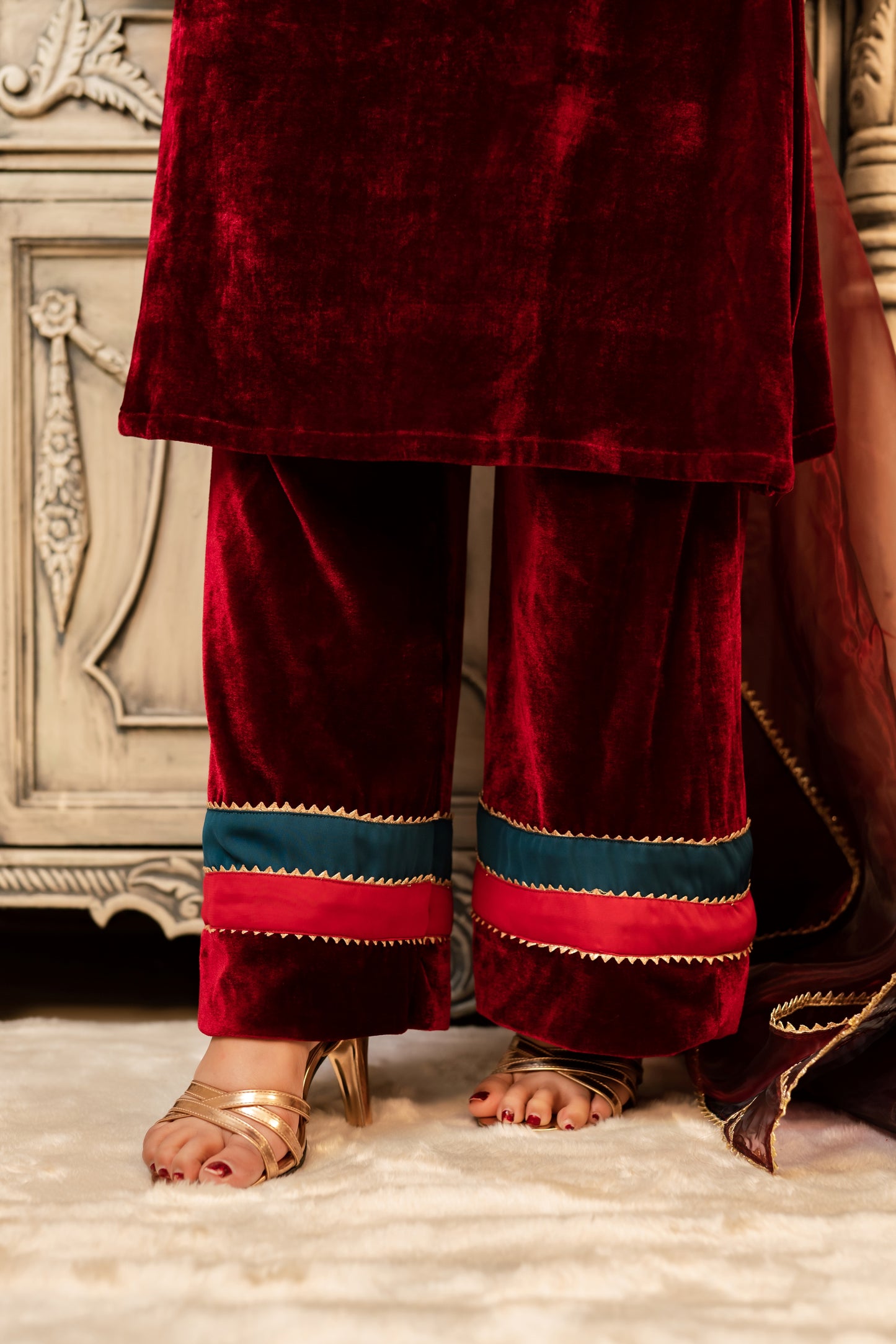 Maroon Velvet Ensemble Kurti Set