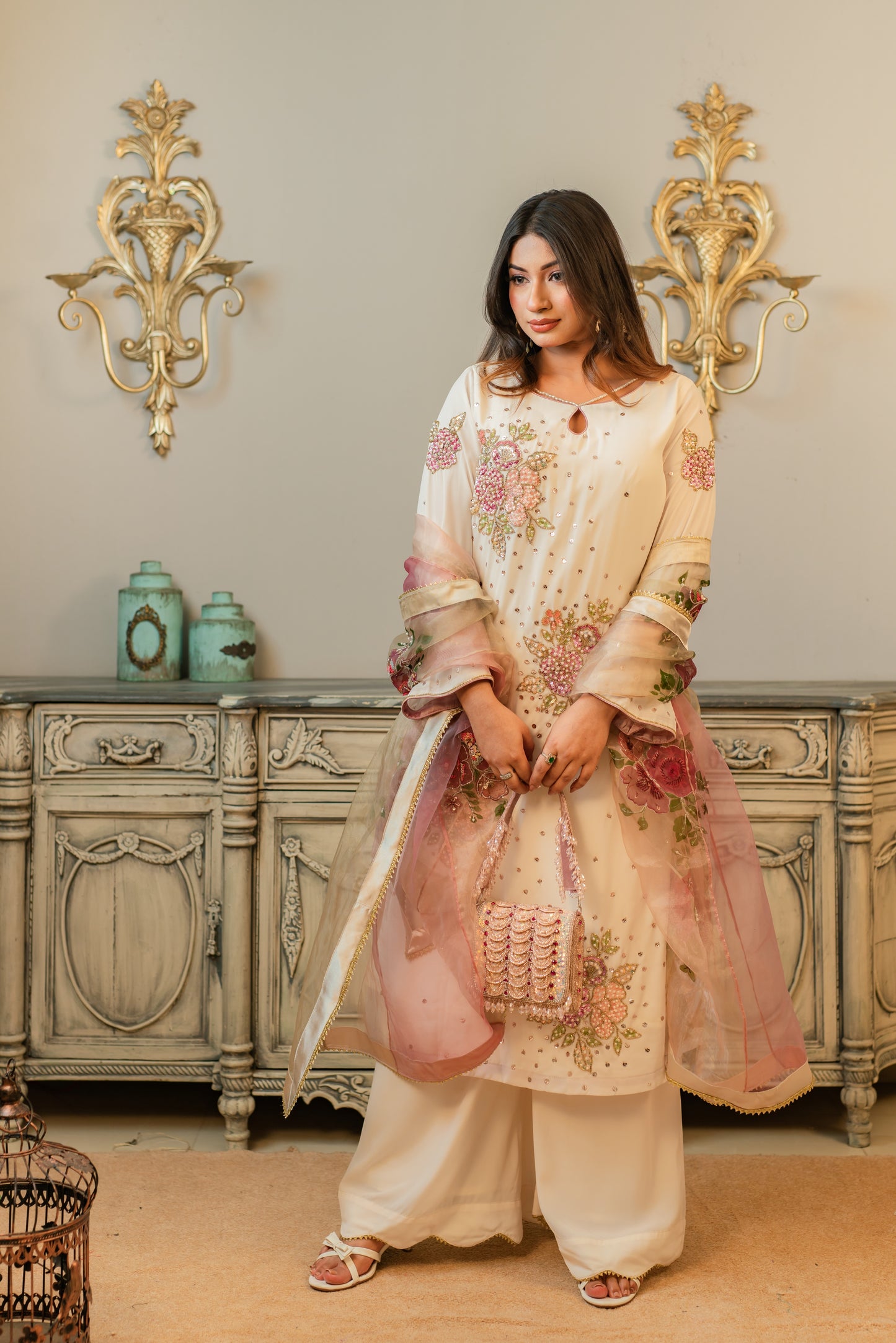 Ivory Floral Karchupi Kurti Set