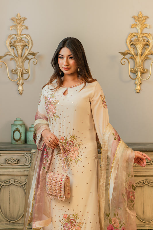 Ivory Floral Karchupi Kurti Set