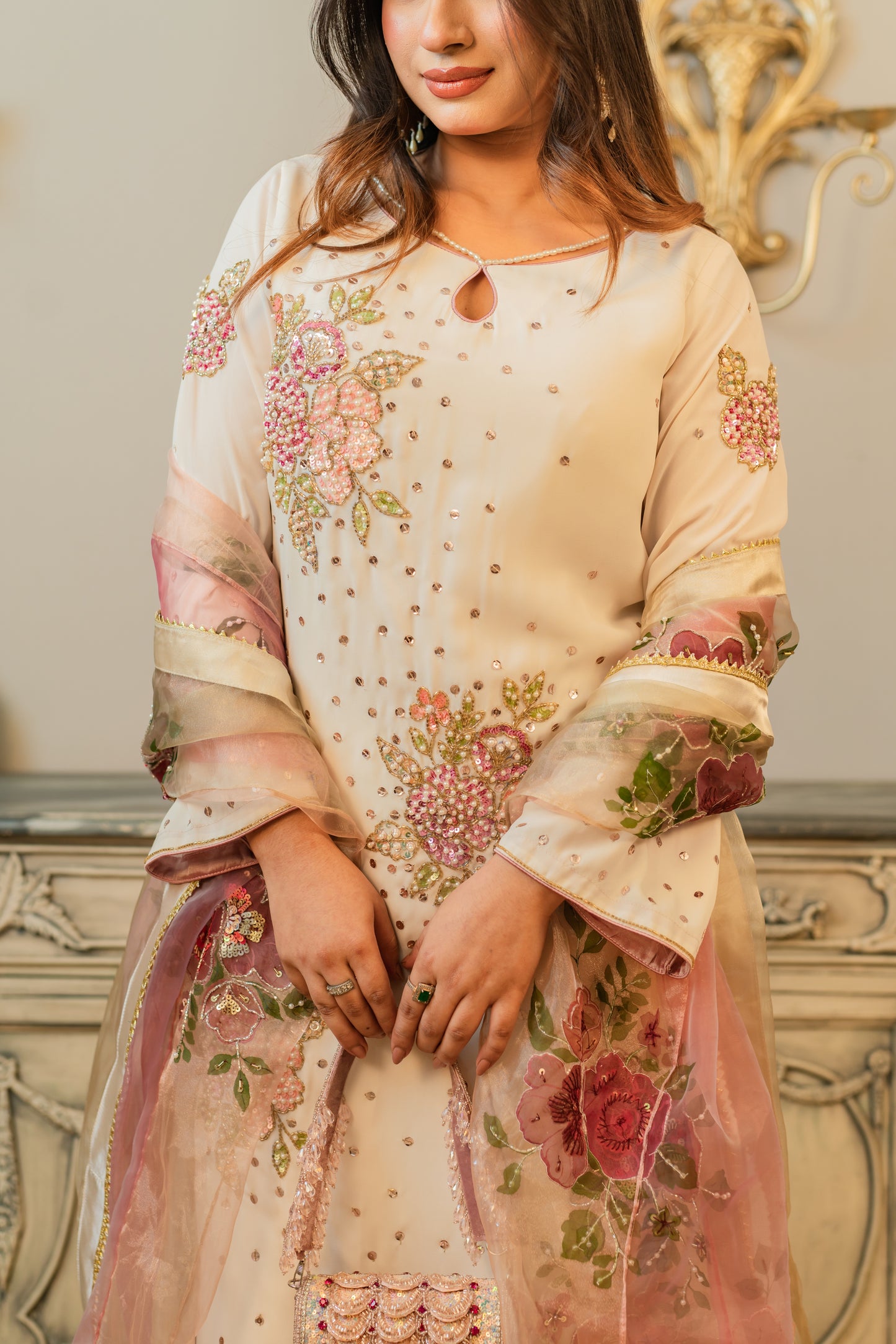 Ivory Floral Karchupi Kurti Set