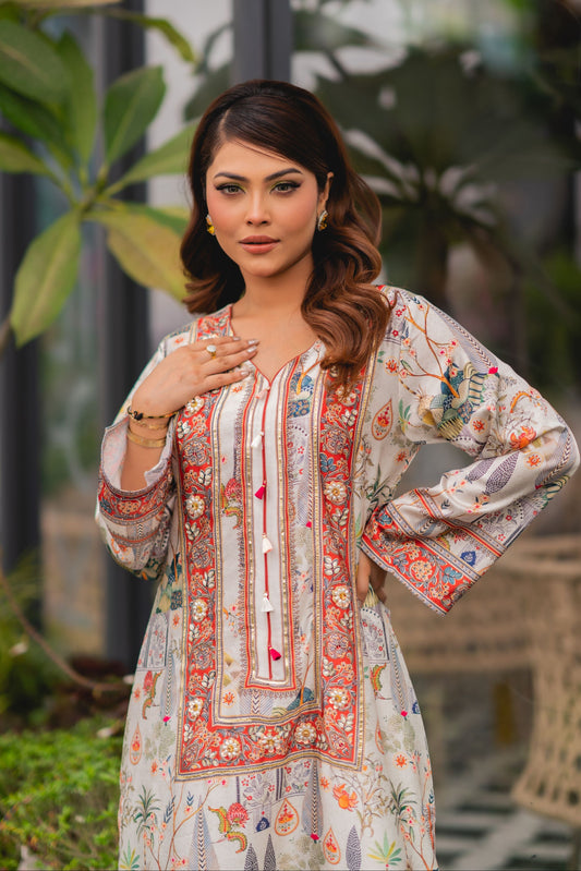 Elegant Ivory Botanical Printed Long Kameez & Pant Set