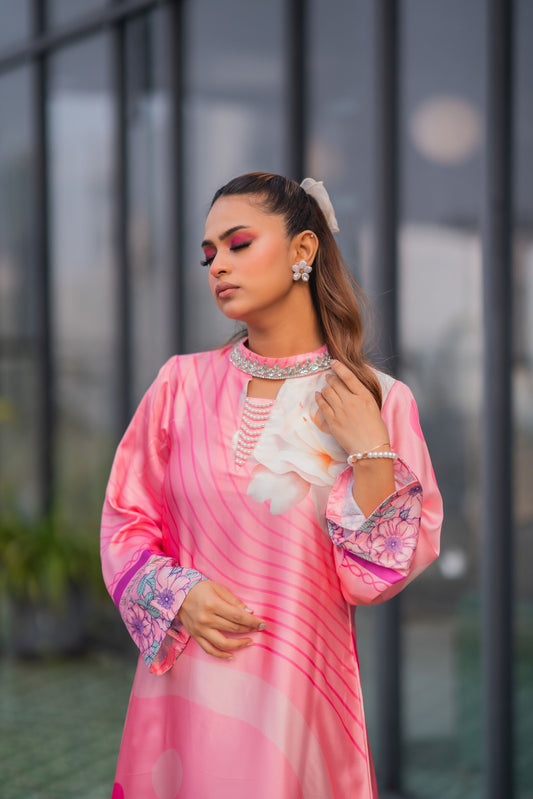 Rosé Blossom Printed Long Kameez & Pant Set