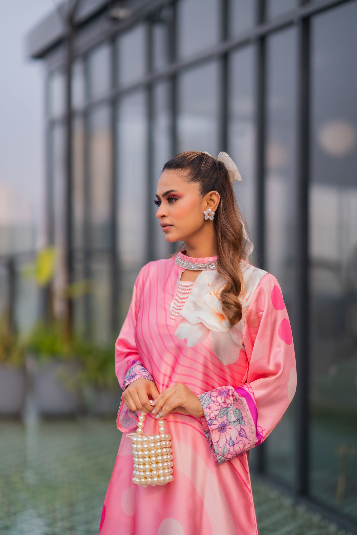 Rosé Blossom Printed Long Kameez & Pant Set