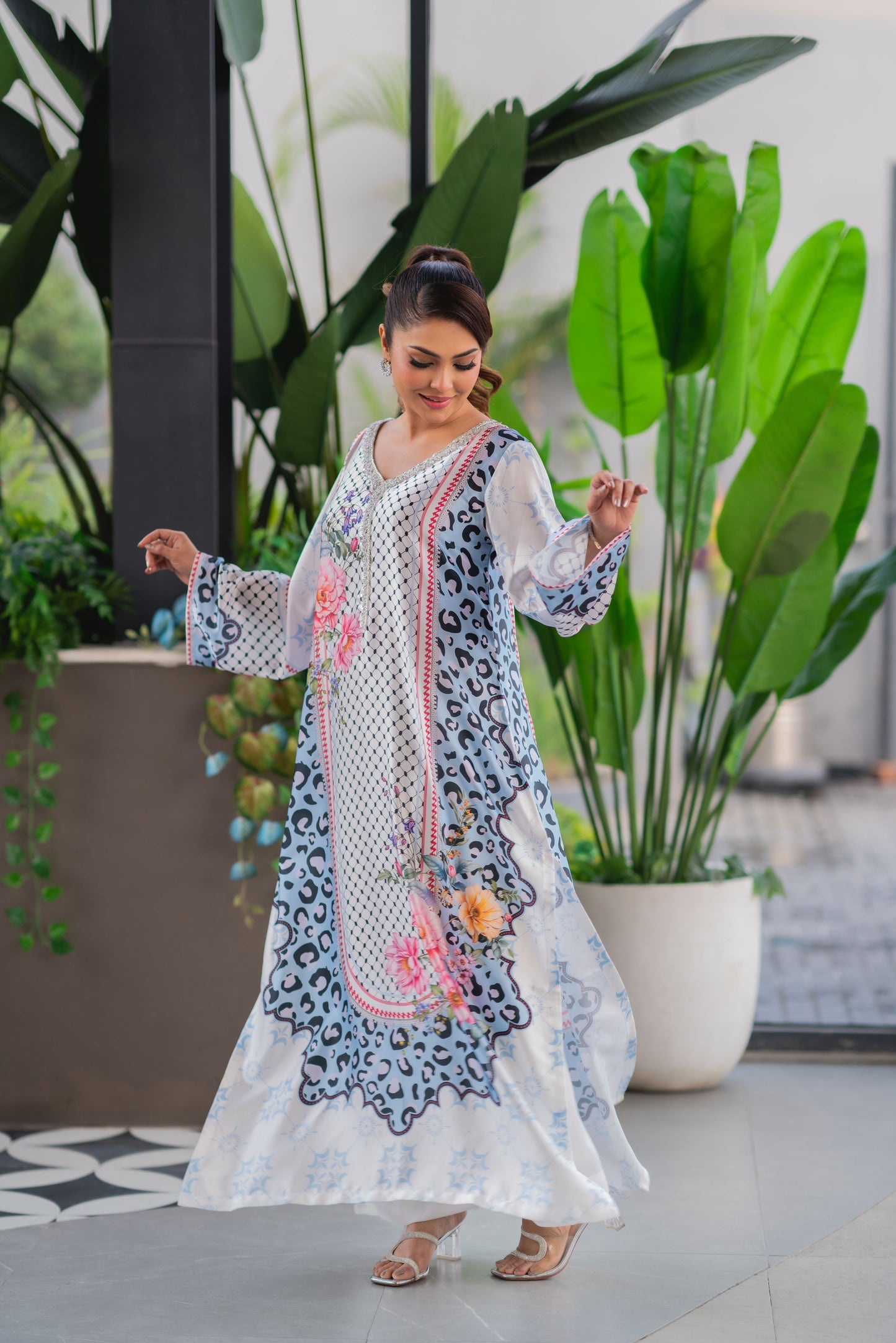 Ice Blue Floral Fusion Long Kameez And Pant Set