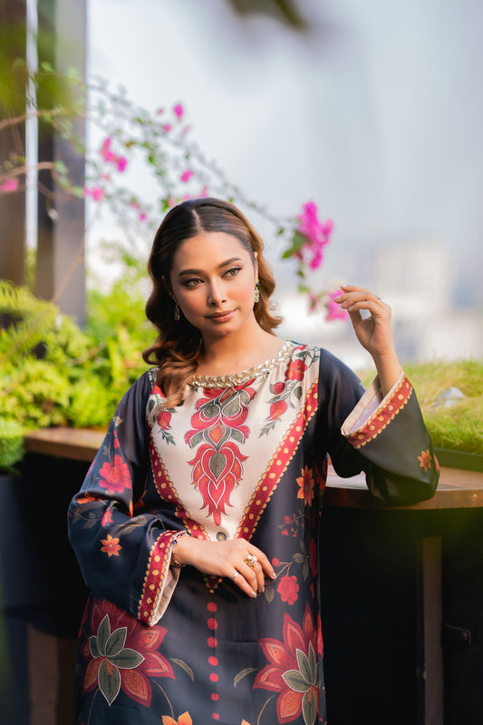 Midnight Bloom Printed Long Kameez And Pant Set