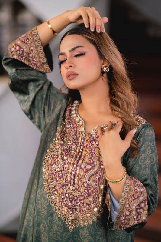 Emerald Heritage Printed Long Kameez And Pant Set