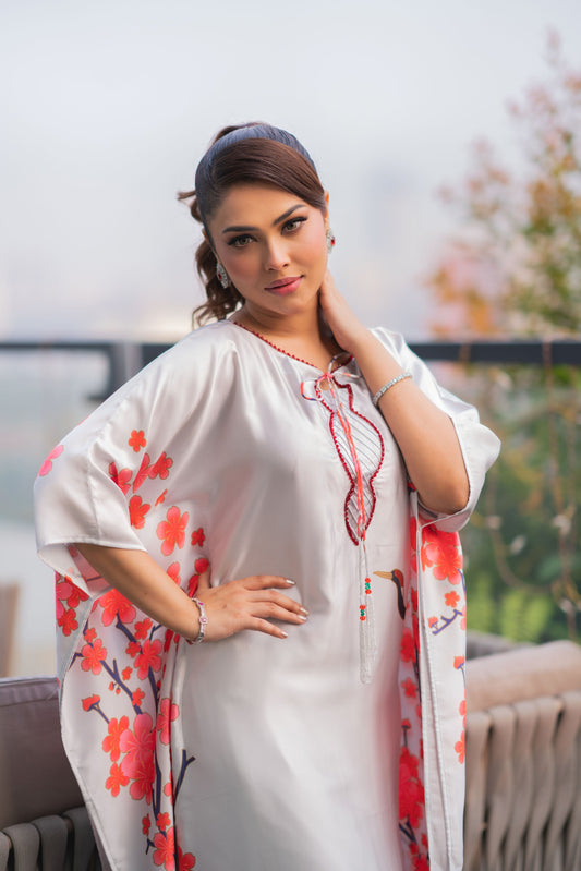 Elegant Floral White Kaftan And Pant Set