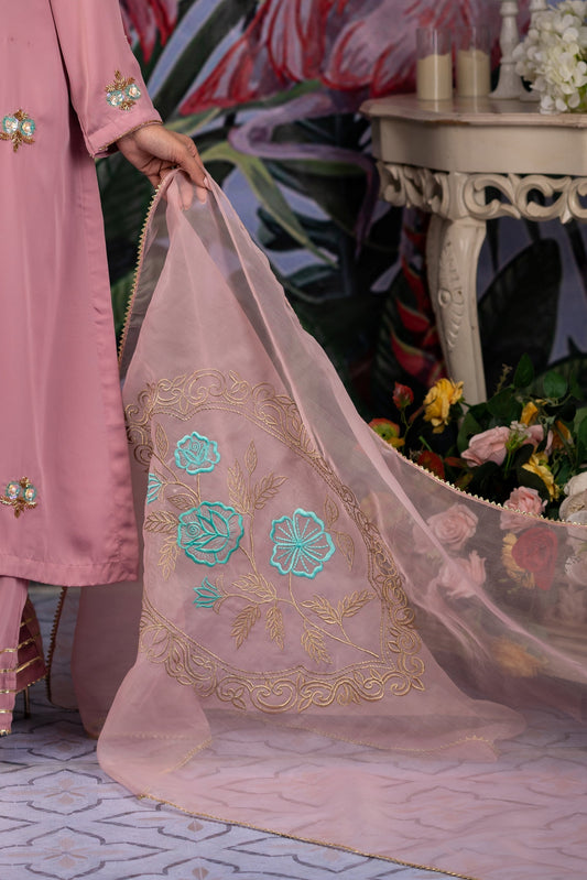 Blush Pink Embroidered Organza Dupatta