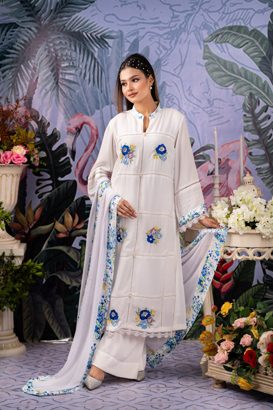 White Bloom Embroidered Kameez & Dupatta Set