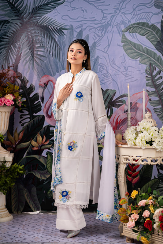 White Bloom Embroidered Kameez & Dupatta Set