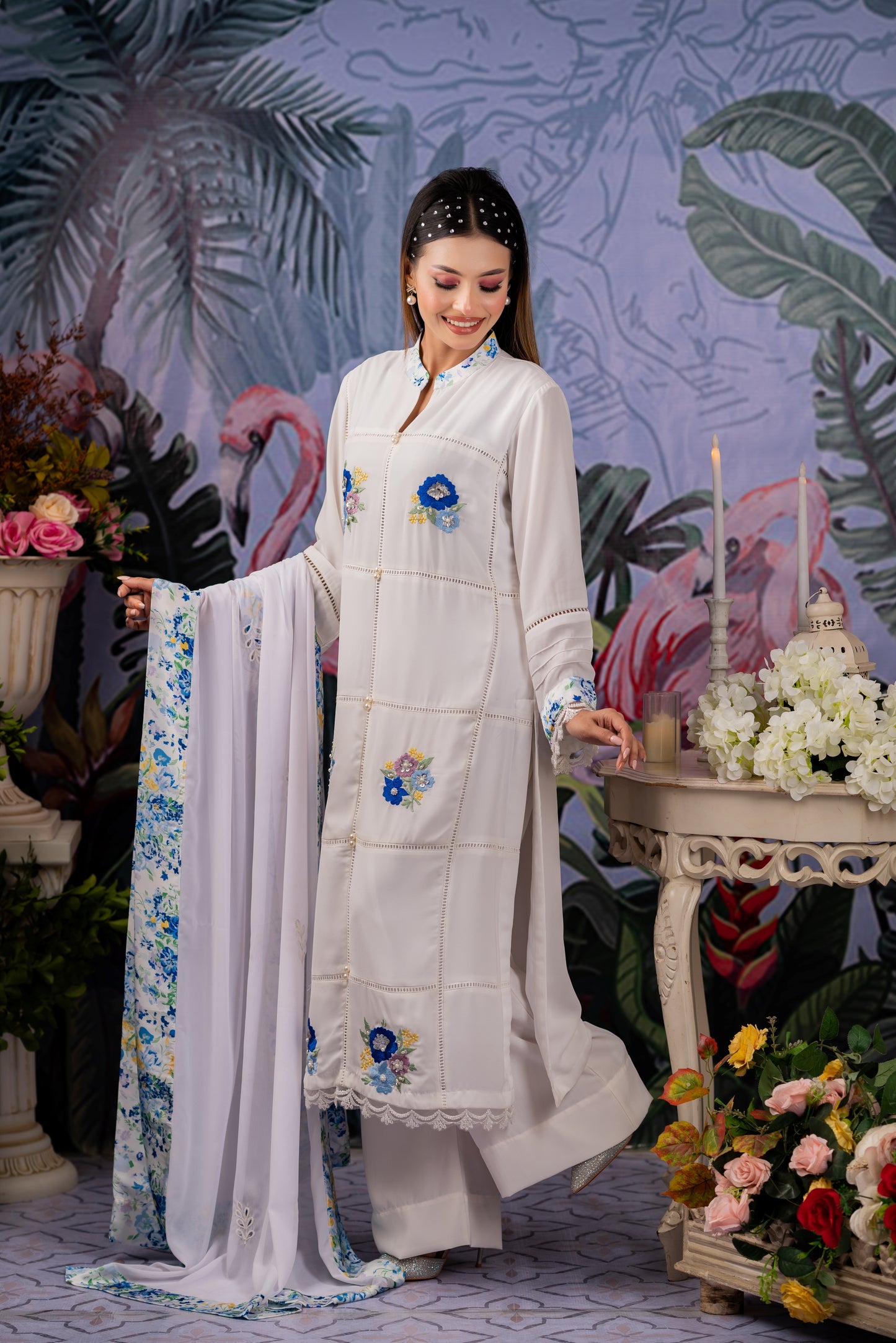 White Bloom Embroidered Kameez & Dupatta Set