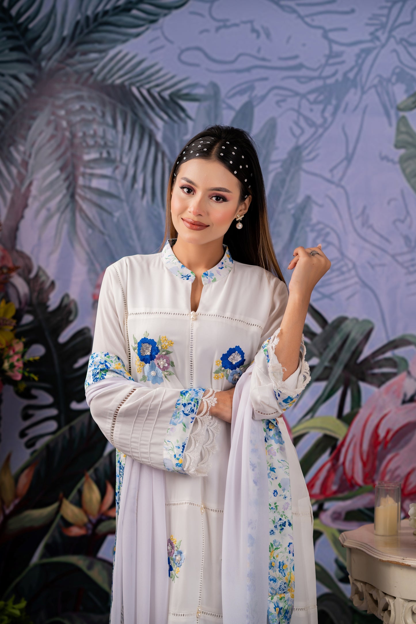 White Bloom Embroidered Kameez & Dupatta Set